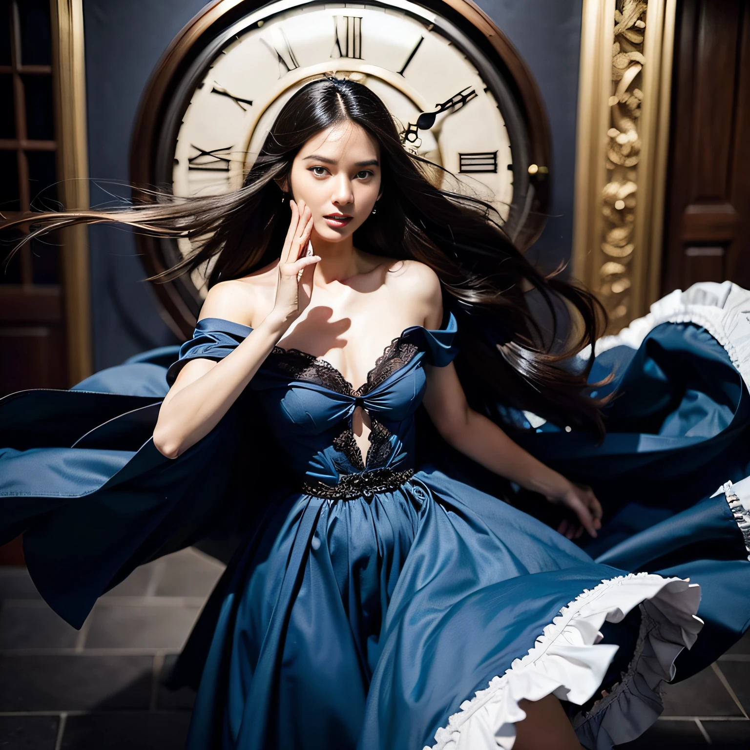 a picture、(Photorealsitic:1.4)、(hyper realisitic:1.4)、(cinematic:1.5)、Woman in her 20s、独奏、cabelos preto e longos、(beautiful and delicate face)、High-quality eyes、Blue dress、Hair that flutters in the wind、Memory persistence、Dalí's Clock、