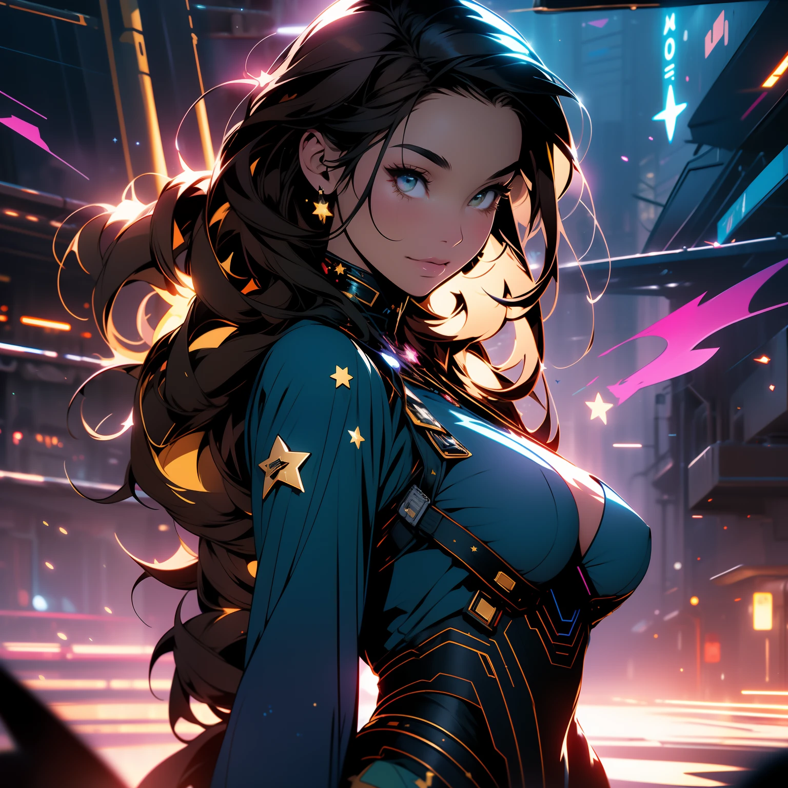 ((Best quality)), ((masterpiece)), (detailed: 1.4), (Absurd), Gynoid, (((action pose))), glowing skin, perfect body, defined muscles, half-thick bare thighs, closed mouth, only in panties, (((include stars all over the outfit))), muscular body covered by very dark blue and gold clothing, with nebula effect, Genesis evangelion style, cyberpunk, generous neckline, ((perfect medium breasts)), (well-outlined eyes without pupils), ((long and very black eyelashes)), (((dark blue clothing with gold stars))), (((brown hair with locks))), (((rot rod flames covering the breasts)))), (Cosmic tattoo on the arms), short underwear, garter belt, by mucha, niji --V5, close to real, psychopathic, crazy face, sexy pose, 2 piece clothing, pastel, centered, scale to fit the dimensions, HDR (High Dynamic Range), Ray Tracing,NVIDIA RTX,Super-Resolution,Unreal 5,Subsurface Dispersion, PBR Texture, Post-processing, Anisotropic Filtering, Depth of field, Maximum clarity and sharpness, Multilayer textures, Albedo and specular maps, Surface shading, Accurate simulation of light-material interaction, Perfect proportions, Octane Render, Two-tone lighting, Wide aperture, Low ISO, White balance, Rule of thirds, 8K RAW