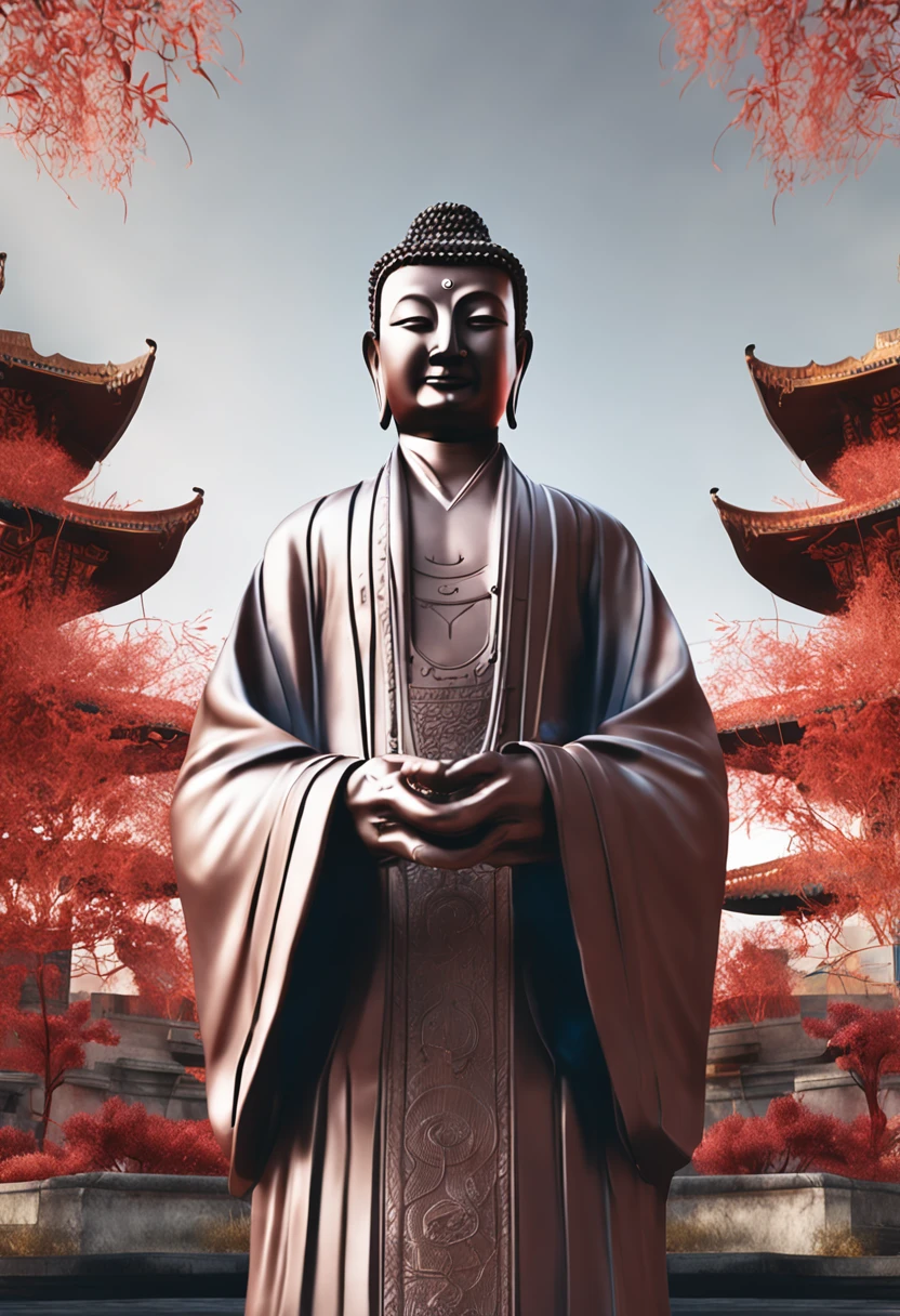 A small Taoist priest stands in front of the transparent reddish Buddha statue,Stretch your hands,Glow effects,dingdall effect,depth of fields,high light,Real light,Ray traching,oc rendered,Hyper-realistic,best qualtiy,8K,Works of masters,super-fine,Detailed pubic hair,Correct anatomy,sharp focus on eyes,Bokeh,Facial features are carefully depicted