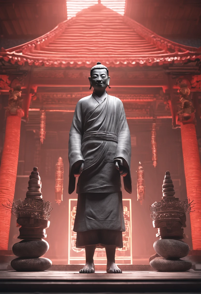 A small Taoist priest stands in front of the transparent reddish Buddha statue,Stretch your hands,Glow effects,dingdall effect,depth of fields,high light,Real light,Ray traching,oc rendered,Hyper-realistic,best qualtiy,8K,Works of masters,super-fine,Detailed pubic hair,Correct anatomy,sharp focus on eyes,Bokeh,Facial features are carefully depicted