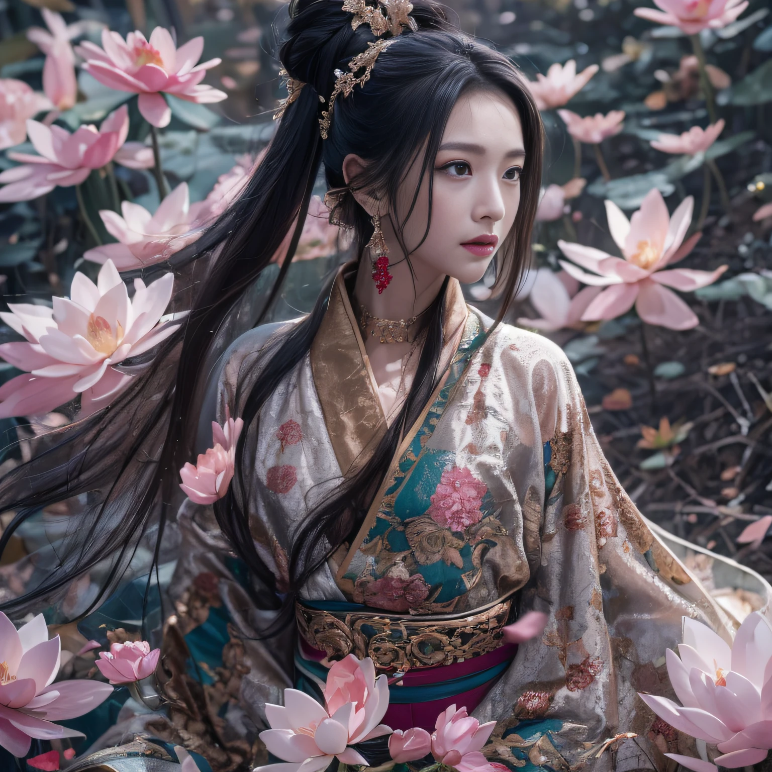 32K（tmasterpiece，k hd，hyper HD，32K）Long flowing black hair，ponds，zydink， a color，  Asian people （Silly girl）， （Silk scarf）， Combat posture， looking at the ground， long whitr hair， Floating hair， Carp pattern headdress， Chinese long-sleeved clothing， （abstract ink splash：1.2）， Pink petal background，Pink and white lotus flowers fly（realisticlying：1.4），Black color hair，Fallen leaves flutter，The background is pure， A high resolution， the detail， RAW photogr， Sharp Re， Nikon D850 Film Stock Photo by Jefferies Lee 4 Kodak Portra 400 Camera F1.6 shots, Rich colors, ultra-realistic vivid textures, Dramatic lighting, Unreal Engine Art Station Trend, cinestir 800，Long flowing black hair