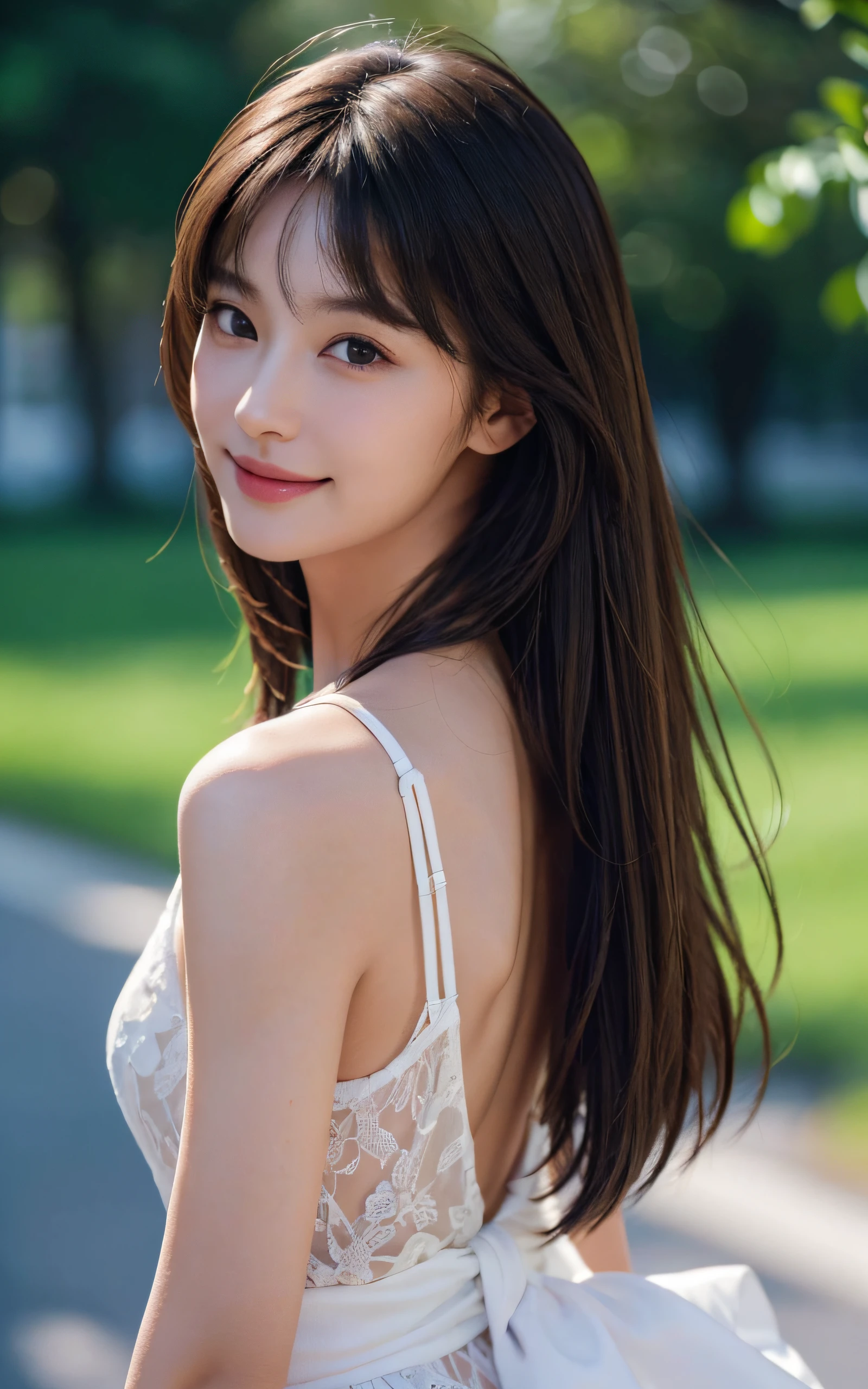 8K Super Resolution、Beauty、One Lady、Dark Brown Hair:1.1、Ultra-detailed face、Detailed lips、important、(Eyes meet)、double eyelid、Princess Eyes、 Beautiful Japanese Woman、Beautiful Japanese Woman、 Sensual lips、Bewitching body、Bust size 82、8 Life-size、Standing in a provocative pose facing forward with a well-balanced, natural body、Girlfriend in her 20s、(28 years old)、far and near method、Smile with a beautiful smile、 Wearing a one-piece dress、Hair blowing in the wind、Clear images、The sparkle of tiny eyes、Fine autumn leaves dyed red、color々Hair style、