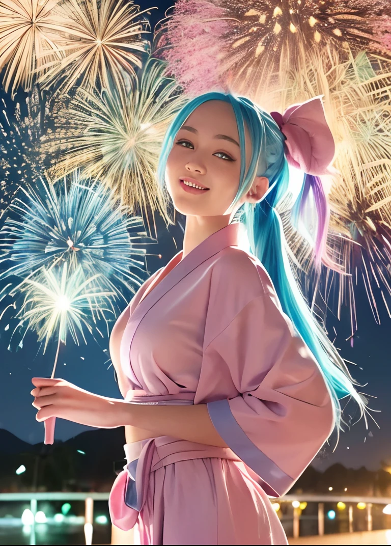 Girl with blue hair, (((A ponytail that extends to the waist with the forehead out))),Hang only the ends of the bangs (Girl in pink yukata), Dress beautifully in a yukata, Pink yukata, Pink kimono, A big smile with his face turned to me, [ Fireworks in the sky ]!!, from one piece, Bibi in One Piece, Bibi One Piece, Fireworks, sparklers, fanart, one piece artstyle