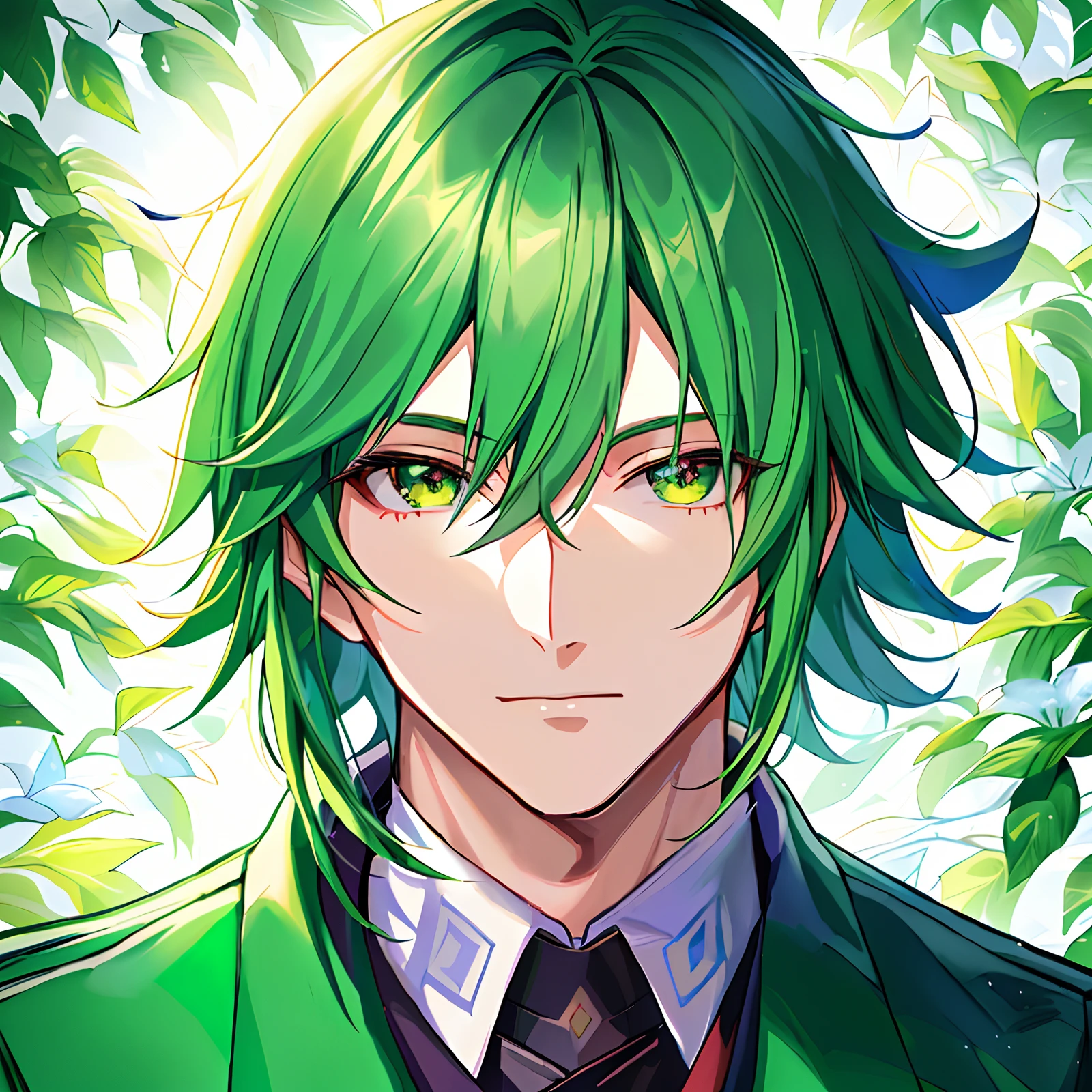 anime - style image of a man with green hair and a green jacket, fukaya yuichiro, crisp clear rpg portrait, anime portrait of a handsome man, fus rei, keqing from genshin impact, anime lush john 8k woods, shigenori soejima illustration, genshin, seinen manga portrait, genshin impact character, made with anime painter studio, nature, mature, serious face, trees, forest