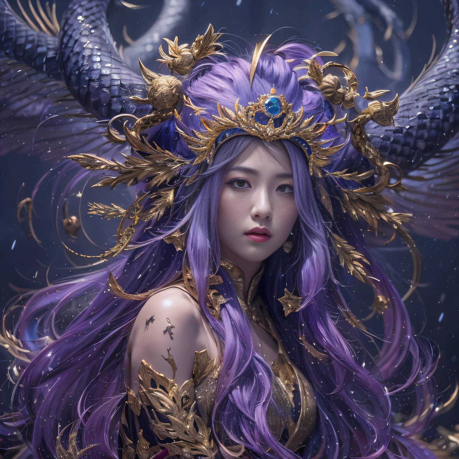 32K（tmasterpiece，k hd，hyper HD，32K）Long flowing bright purple hair，Autumn Pond，zydink， a color，  Asian people （Silly girl）， （Silk scarf）， Combat posture， looking at the ground， long whitr hair， Floating bright purple， Python pattern gold headdress， Chinese long-sleeved gold garment， （abstract ink splash：1.2）， white backgrounid，Lotus protector（realisticlying：1.4），Bright purple hair，Smoke and rain，The background is pure， A high resolution， the detail， RAW photogr， Sharp Re， Nikon D850 Film Stock Photo by Jefferies Lee 4 Kodak Portra 400 Camera F1.6 shots, Rich colors, ultra-realistic vivid textures, Dramatic lighting, Unreal Engine Art Station Trend, cinestir 800，Long flowing bright purple hair