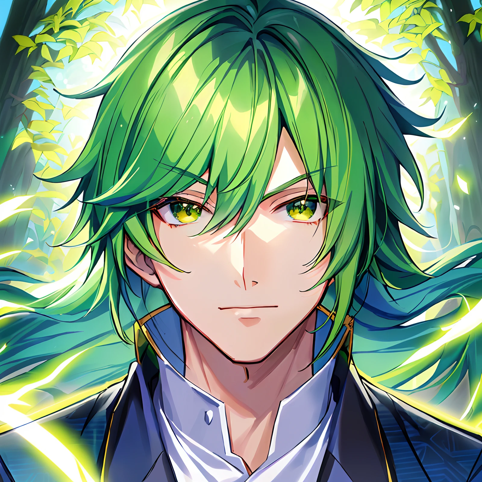 anime - style image of a man with green hair and a green jacket, fukaya yuichiro, crisp clear rpg portrait, anime portrait of a handsome man, fus rei, keqing from genshin impact, anime lush john 8k woods, shigenori soejima illustration, genshin, seinen manga portrait, genshin impact character, made with anime painter studio, nature, mature, serious face, trees, forest