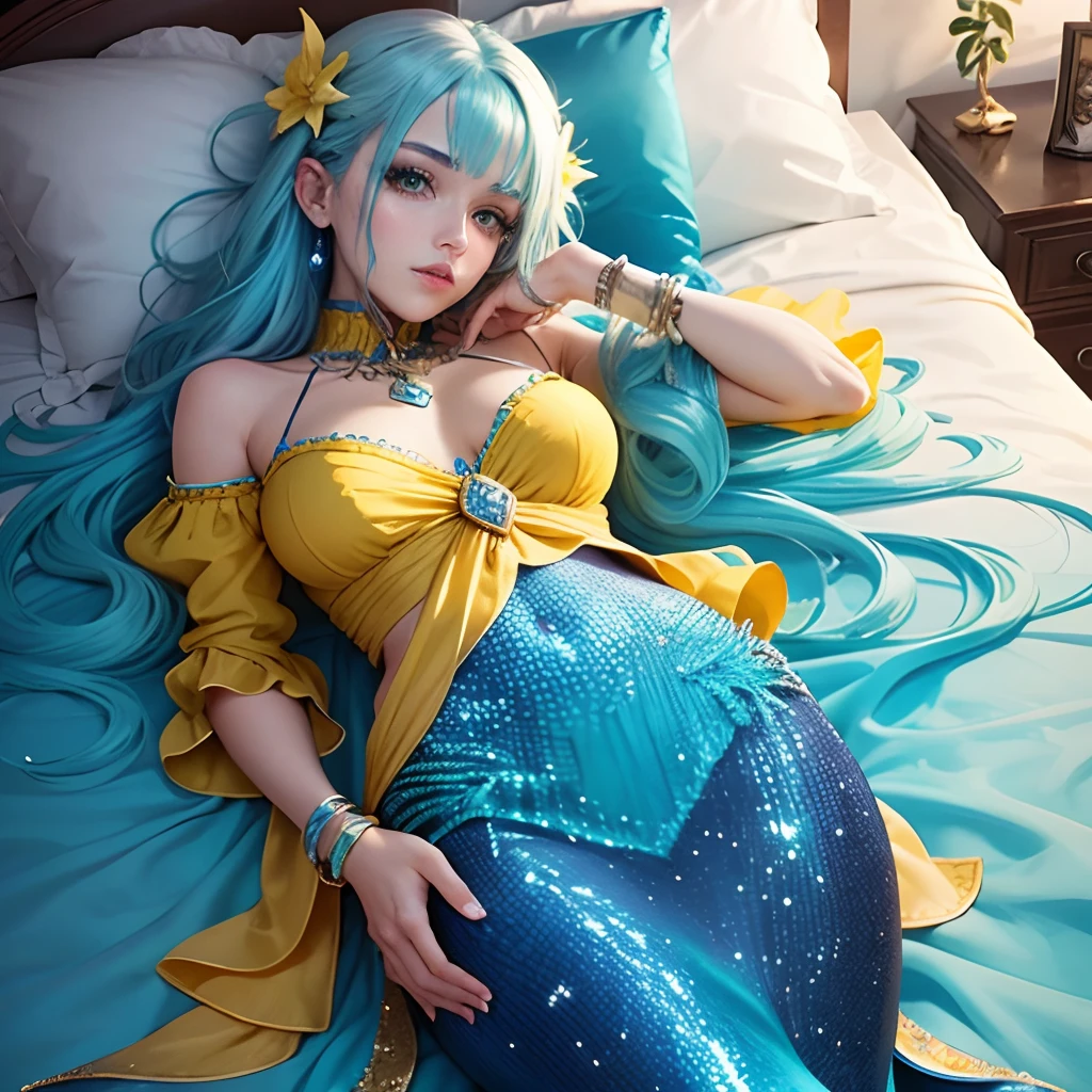 Best quality, Masterpiece, Portrait, Perfect anatomy, Femininity, Cool, Flawless, , Solo, Sexy, Stylish, Mature, Long light blue hair, Mole above lip, Red lipstick, Water drops, Sweat, Wet, Transparent dove sexy dress, in the room he lies on the bed and looks at the phone in his hand