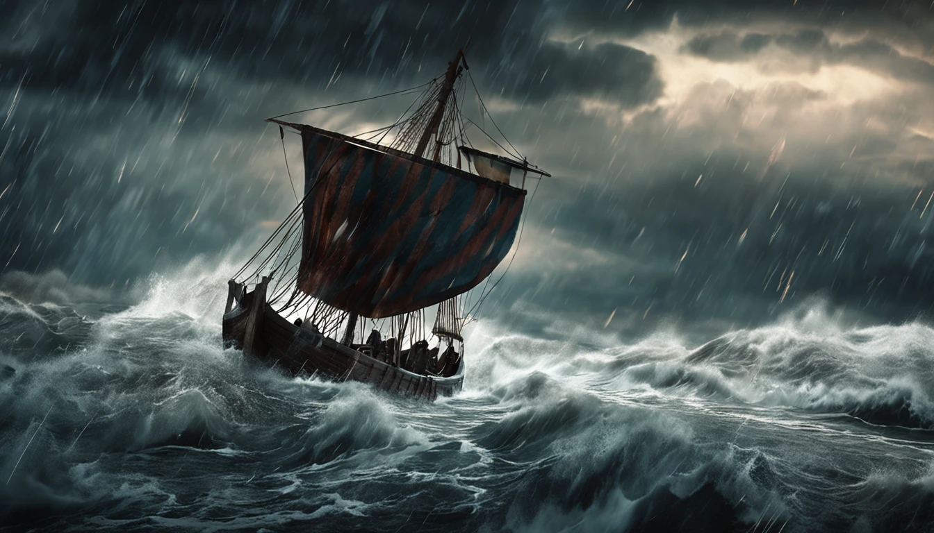 (((barcos vikings:1.2),tempestade noturna:1.2,raios),dramatic scene,paint style,vibrante,alto contraste,grande intensidade,picote de pincel,nitidez aprimorada,Immensity of the Ocean,force of nature)