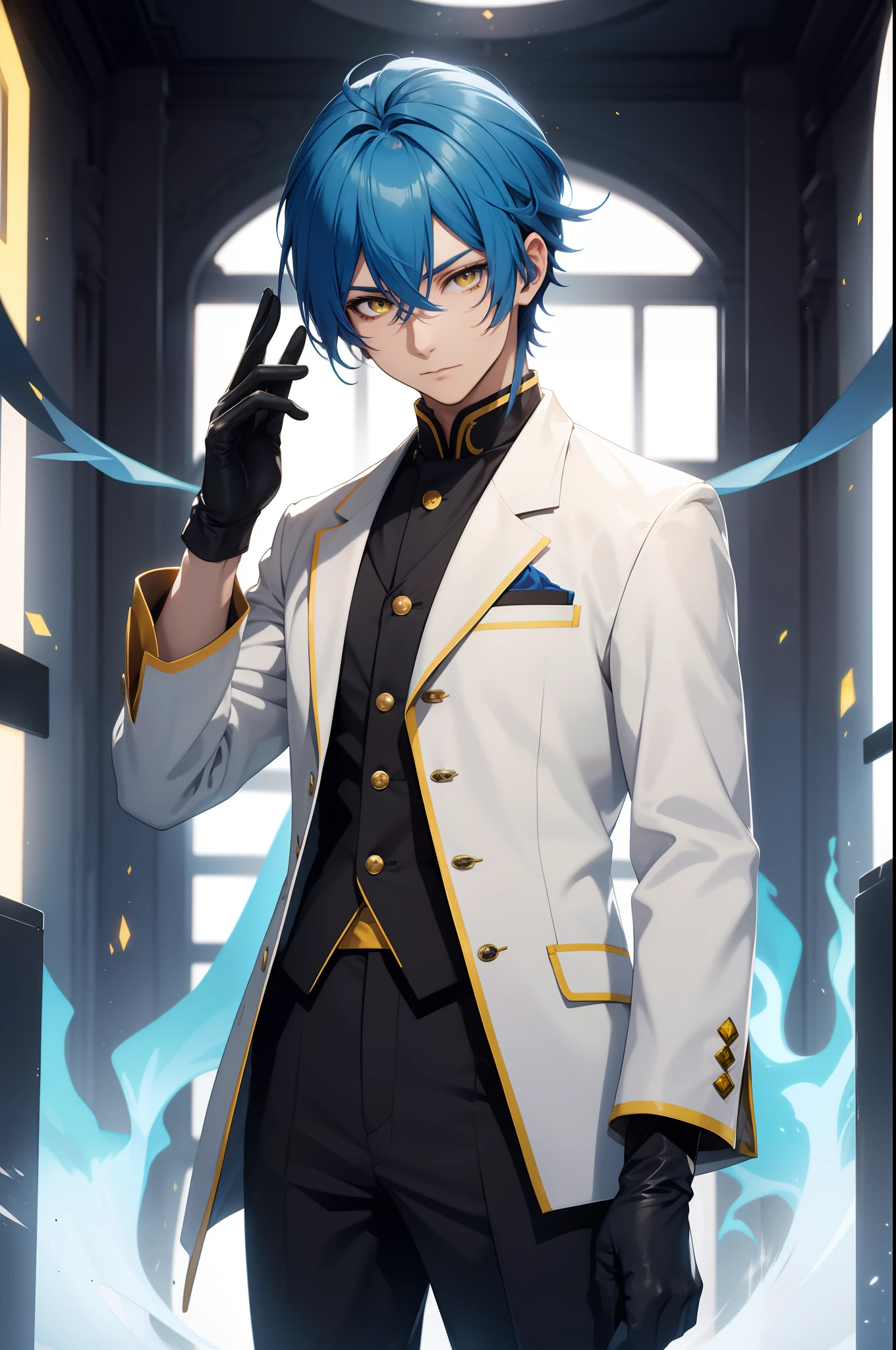 solo male, blue hair, yellow eyes, white gloves, Asian clothing, black pants, white gloves
