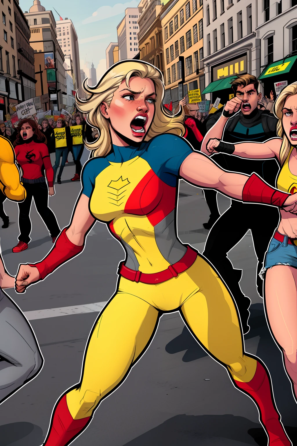 protest, woman, getting punched, scared, screaming, protesting, crowd, blonde hair, wearing a grey jersy, city street, people wearing yellow and red clothes, comic book style, flat shaded, prominent comic book outline linework