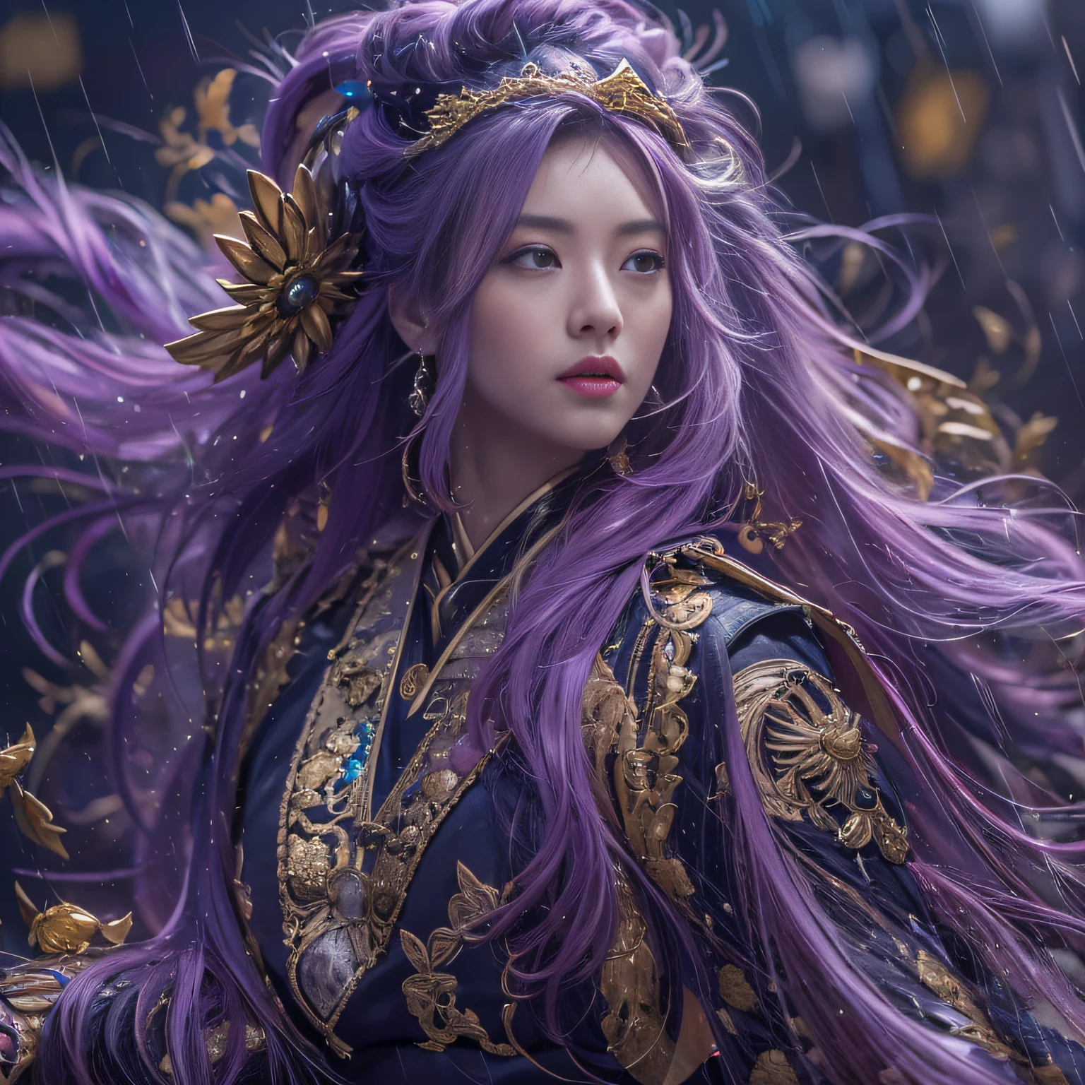 32K（tmasterpiece，k hd，hyper HD，32K）Long flowing bright purple hair，Autumn Pond，zydink， a color，  Asian people （Silly girl）， （Silk scarf）， Combat posture， looking at the ground， long whitr hair， Floating bright purple， Python pattern gold headdress， Chinese long-sleeved gold garment， （abstract ink splash：1.2）， white backgrounid，Lotus protector（realisticlying：1.4），Bright purple hair，Smoke and rain，The background is pure， A high resolution， the detail， RAW photogr， Sharp Re， Nikon D850 Film Stock Photo by Jefferies Lee 4 Kodak Portra 400 Camera F1.6 shots, Rich colors, ultra-realistic vivid textures, Dramatic lighting, Unreal Engine Art Station Trend, cinestir 800，Long flowing bright purple hair