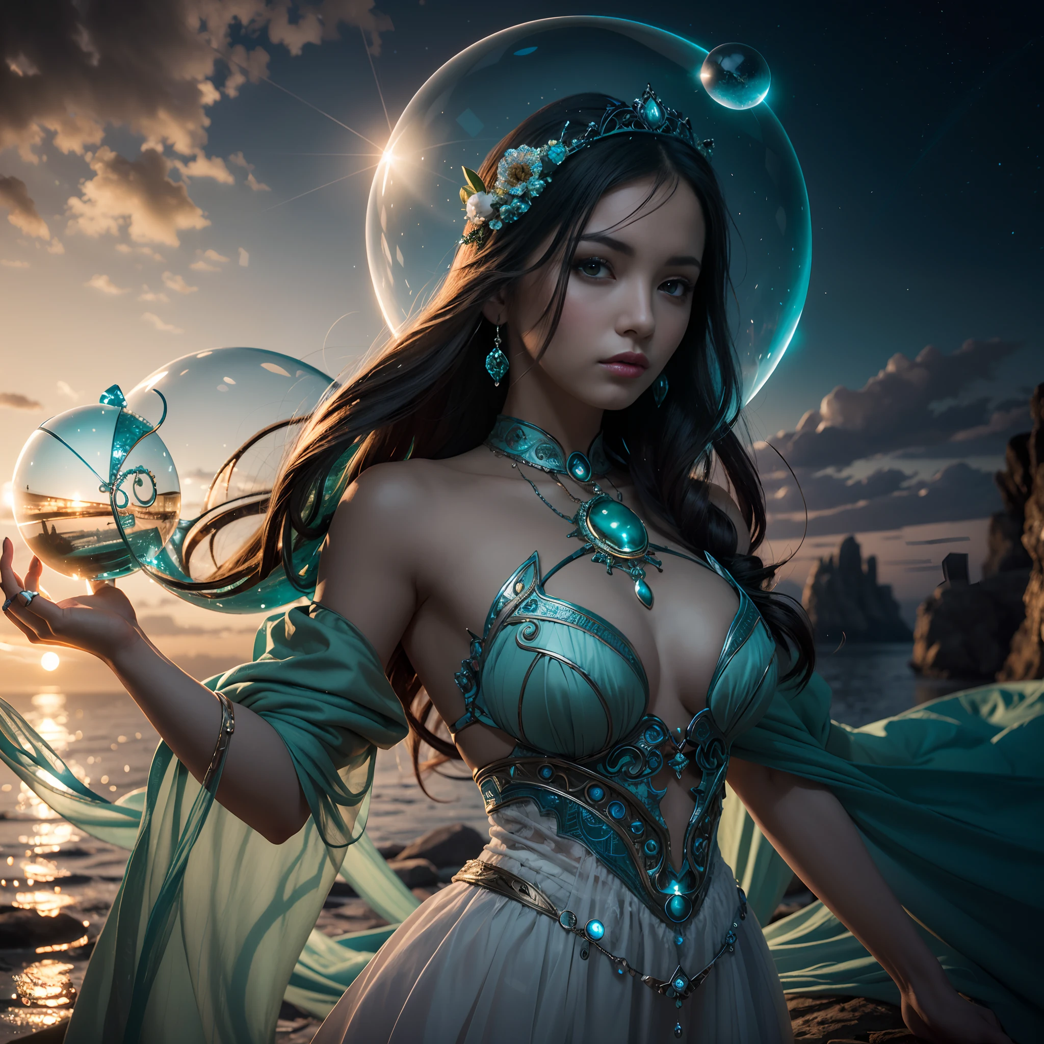 arafed woman in a green dress holding a crystal ball, artgerm julie bell beeple, fantasy art behance, beautiful fantasy art, digital fantasy art ), fantasy woman, detailed fantasy digital art, karol bak uhd, fantasy digital art, digital art fantasy art, closeup fantasy with water magic, beautiful fantasy maiden, very beautiful fantasy art