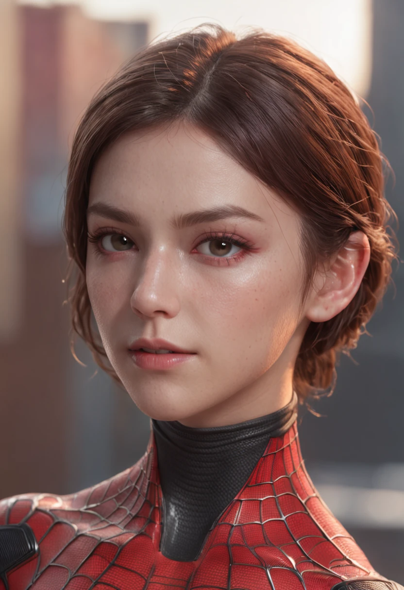 (1girl:1.3), Solo, (((Very detailed face)))), ((Very detailed eyes and face)))), Beautiful detail eyes, Body parts__, Official art, Unified 8k wallpaper, Super detailed, beautiful and beautiful, beautiful, masterpiece, best quality, original, masterpiece, super fine photo, best quality, super high resolution, realistic realism, sunlight, full body portrait, short hair, amazing beauty, dynamic pose, delicate face, vibrant eyes, (from the front), She wears Spider-Man suit, red and black color scheme, spider, very detailed city roof background, rooftop, overlooking the city, detailed face, detailed complex busy background, messy, gorgeous, milky white, highly detailed skin, realistic skin details, visible pores, clear focus, volumetric fog, 8k uhd, DSLR, high quality, film grain, fair skin, photo realism, lomography, futuristic dystopian megalopolis, translucent