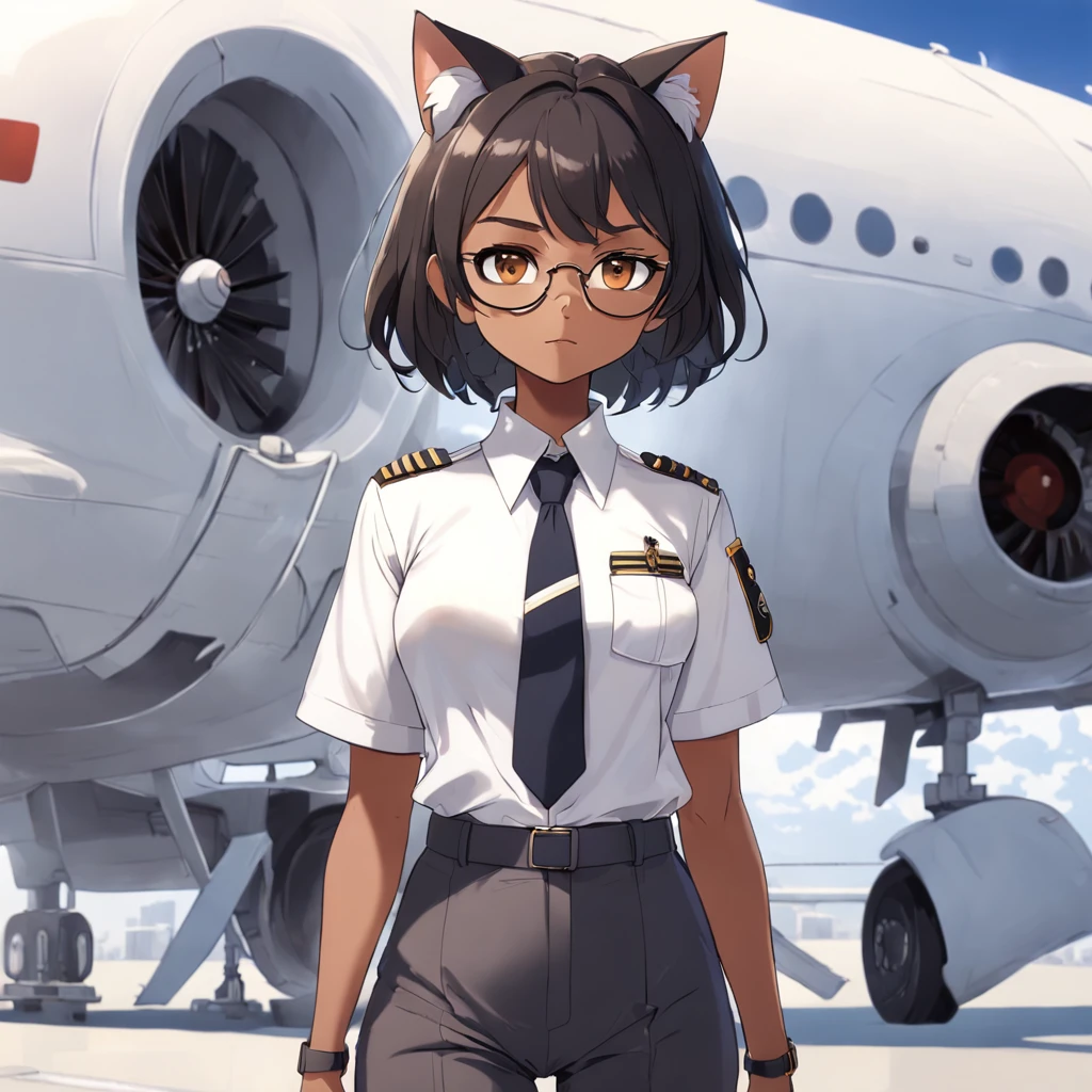 1girl, short black bob hair, yellow eyes, Round glasses, tan skin,dark skin ,BROWN SKIN, SHE HAS LIGHT BROWN SKIN, ite body, wearing plain white formal work shirt, wearing long black pants, business tie, absurdres, high res, ultrasharp, 8k, masterpiece, looking at viewer, cat ears, airline pilot uniform, airline pilot hat, white background, short sleeve, bangs, flat chest, whiskers, androgynous, she has cat ears on her head,