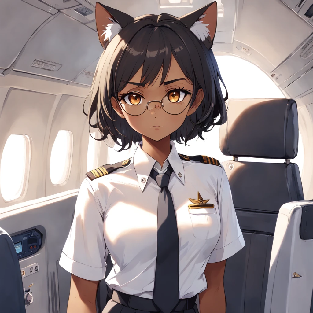 1girl, short black bob hair, yellow eyes, Round glasses, tan skin,dark skin ,BROWN SKIN, SHE HAS LIGHT BROWN SKIN, ite body, wearing plain white formal work shirt, wearing long black pants, business tie, absurdres, high res, ultrasharp, 8k, masterpiece, looking at viewer, cat ears, airline pilot uniform, airline pilot hat, white background, short sleeve, bangs, flat chest, whiskers, androgynous, she has cat ears on her head,