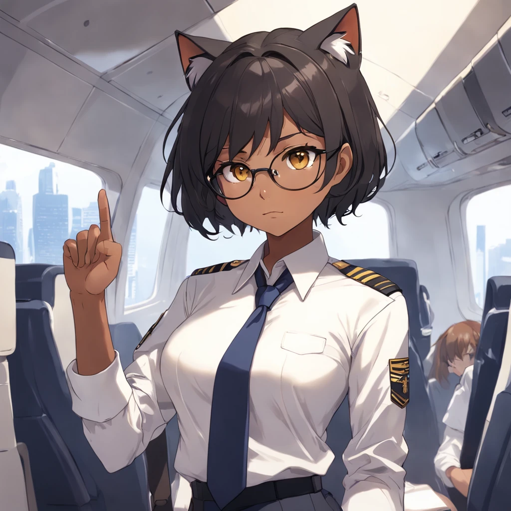 1girl, short black bob hair, yellow eyes, Round glasses, tan skin,dark skin ,BROWN SKIN, SHE HAS LIGHT BROWN SKIN, ite body, wearing plain white formal work shirt, wearing long black pants, business tie, absurdres, high res, ultrasharp, 8k, masterpiece, looking at viewer, cat ears, airline pilot uniform, airline pilot hat, white background, short sleeve, bangs, flat chest, whiskers, androgynous, she has cat ears on her head,