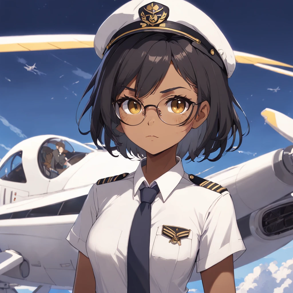 1girl, short black bob hair, yellow eyes, Round glasses, tan skin,dark skin ,BROWN SKIN, SHE HAS LIGHT BROWN SKIN, ite body, wearing plain white formal work shirt, wearing long black pants, business tie, absurdres, high res, ultrasharp, 8k, masterpiece, looking at viewer, cat ears, airline pilot uniform, airline pilot hat, white background, short sleeve, bangs, flat chest, whiskers, androgynous, she has cat ears on her head,