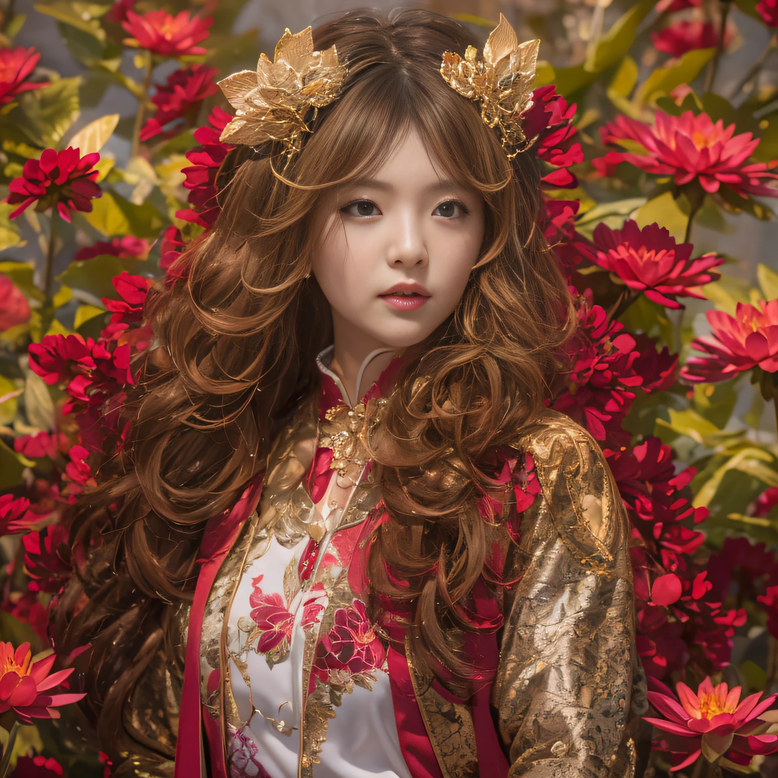 32K(tmasterpiece,k hd,hyper HD,32K)Large curls with flowing rouge,ponds,zydink, a color, Asian people (Silly girl), (Silk scarf), Combat posture, looking at the ground, Large curly rouge, Fluttering rouge curls, Crocodile leather tiara, Chinese long-sleeved clothing, (abstract ink splash:1.2), Pink lotus background,Water lily flower protector(realisticlying:1.4),Rouge hair,Autumn is in full swing,The background is pure, A high resolution, the detail, RAW photogr, Sharp Re, Nikon D850 Film Stock Photo by Jefferies Lee 4 Kodak Portra 400 Camera F1.6 shots, Rich colors, ultra-realistic vivid textures, Dramatic lighting, Unreal Engine Art Station Trend, cinestir 800,Large curls with flowing rouge