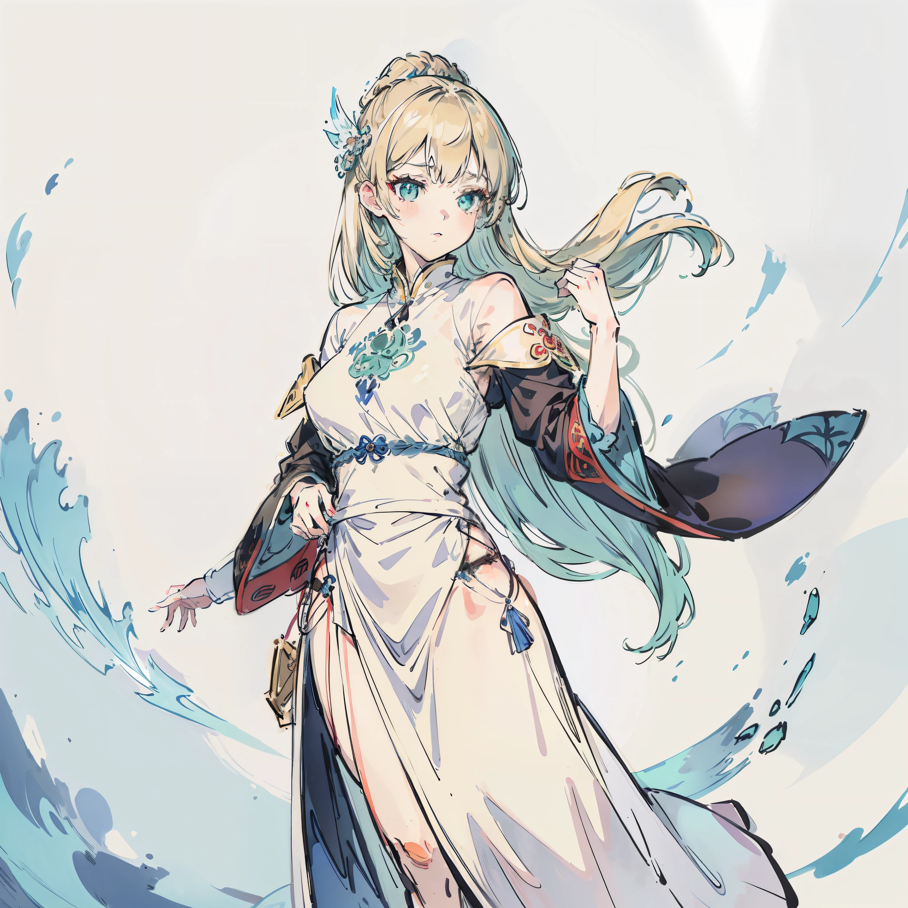a woman in a white dress and a blue cape is standing, cushart krenz key art feminine, anime goddess, pixiv, pretty female cleric, digital art on pixiv, pixiv style, wlop rossdraws, alphonse mucha and rossdraws, guweiz, top rated on pixiv, rossdraws sakimimichan, ash blonde, green eyes