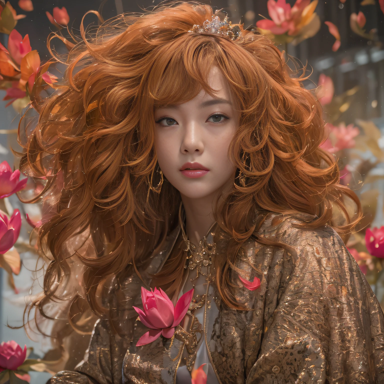 32K(tmasterpiece,k hd,hyper HD,32K)Large curls with flowing rouge,ponds,zydink, a color, Asian people (Silly girl), (Silk scarf), Combat posture, looking at the ground, Large curly rouge, Fluttering rouge curls, Crocodile leather tiara, Chinese long-sleeved clothing, (abstract ink splash:1.2), Pink lotus background,Water lily flower protector(realisticlying:1.4),Rouge hair,Autumn is in full swing,The background is pure, A high resolution, the detail, RAW photogr, Sharp Re, Nikon D850 Film Stock Photo by Jefferies Lee 4 Kodak Portra 400 Camera F1.6 shots, Rich colors, ultra-realistic vivid textures, Dramatic lighting, Unreal Engine Art Station Trend, cinestir 800,Large curls with flowing rouge