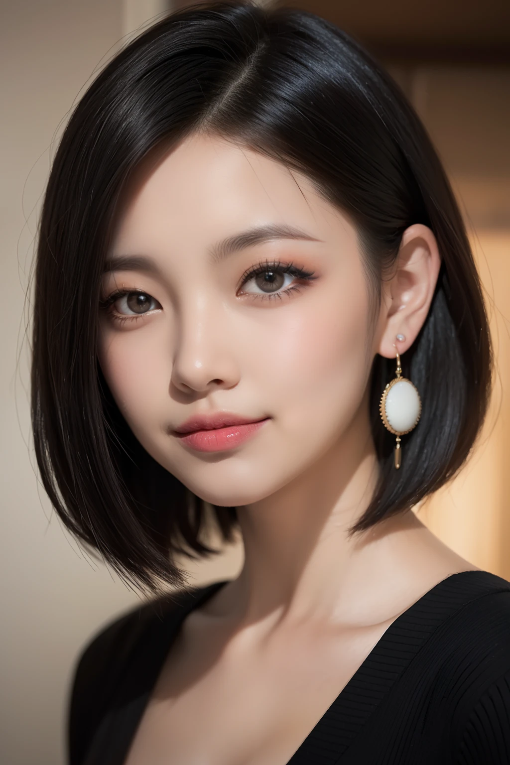((1 girl)), Black hair, longeyelashes, Solid Circle Eyes, lightsmile, Cute earrings, lightsmile, Shy, puckered lips, surrealism, drop shadow, stereograms, depth of fields, One-person viewpoint, 8K, Super Detail, Best Quality, hight resolution, short cut hair