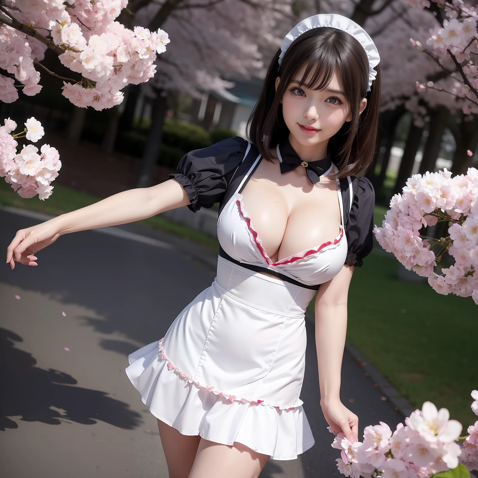 Maid costume、Katyusha、a miniskirt、shot from a low-angle、Colossal tits、No panties、no-bra、No panties、sensual breasts、Hi-Res、Shaded face、独奏、Blue eyes、A slight smil、A path lined with flourishing cherry blossom trees