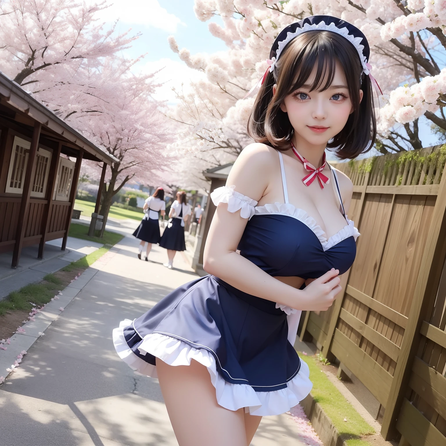 (((White French Maid: 1.11))), (((Skin is often exposed)), ta, Japan person, 16 yrl, smile, long hair, white hair, white stockings, full of ribbons, whitish costume, full body, (((angle looking up at the chest from below)), too short pleated skirt, big!, bra with only a frame, panties with only a frame, sheer panties, Show off your panties, cosmos fields, bright flower fields, rose arches."