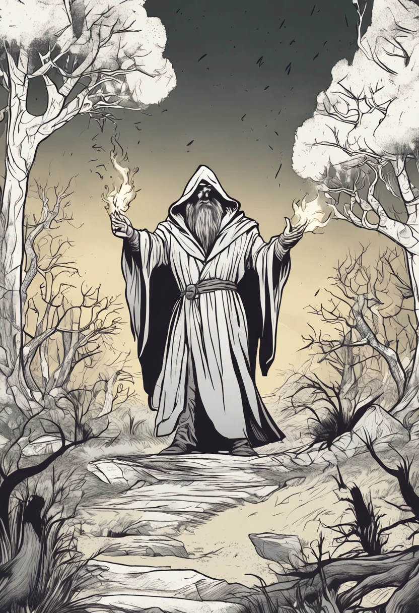Character: A wizard in a black robe He is wearing a cap, so his face cannot be seen. The aura of the wizard is gloomy.
Action: The wizard is raising his hands and casting a fireball spell to attack 10 wolves.
Background: a dark forest with an errie feeling. There are 10 wolves.