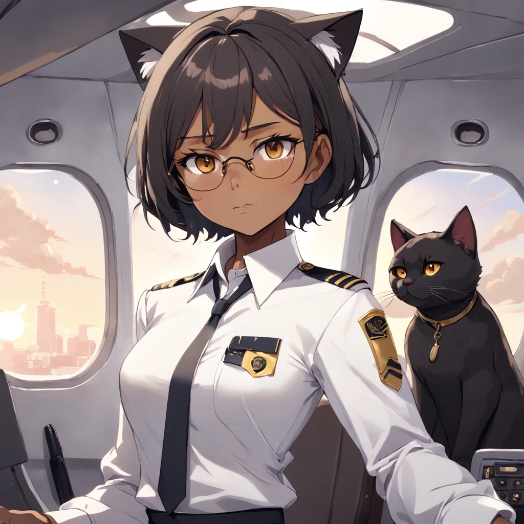 1girl, short black bob hair, yellow eyes, Round glasses, tan skin,dark skin ,BROWN SKIN, SHE HAS LIGHT BROWN SKIN, petite body, wearing plain white formal work shirt, wearing long black pants, business tie, absurdres, high res, ultrasharp, 8k, masterpiece, looking at viewer, cat ears, airline pilot uniform, airline pilot hat, white background, short sleeve, bangs, flat chest, whiskers, androgynous, she has cat ears on her head, she has cat teeth,
