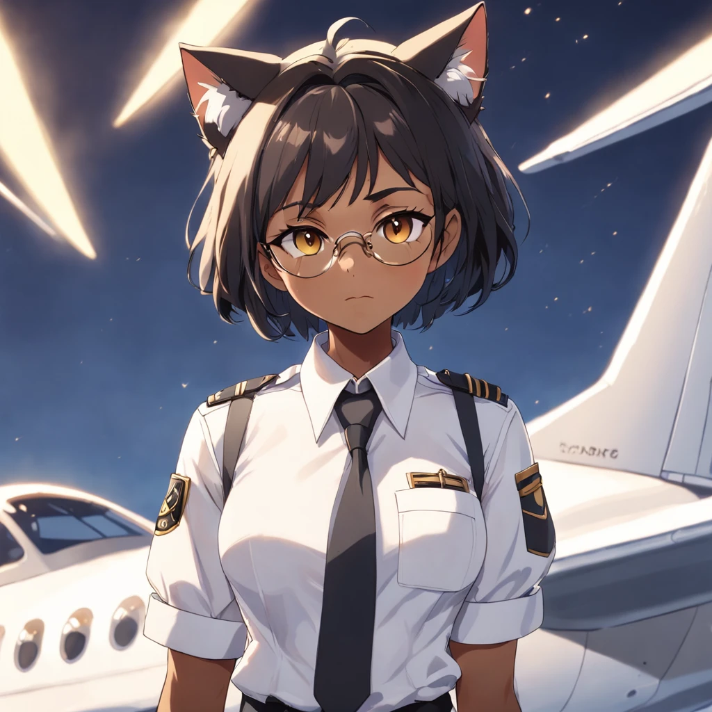 1girl, short black bob hair, yellow eyes, Round glasses, tan skin,dark skin ,BROWN SKIN, SHE HAS LIGHT BROWN SKIN, petite body, wearing plain white formal work shirt, wearing long black pants, business tie, absurdres, high res, ultrasharp, 8k, masterpiece, looking at viewer, cat ears, airline pilot uniform, airline pilot hat, white background, short sleeve, bangs, flat chest, whiskers, androgynous, she has cat ears on her head, she has cat teeth,