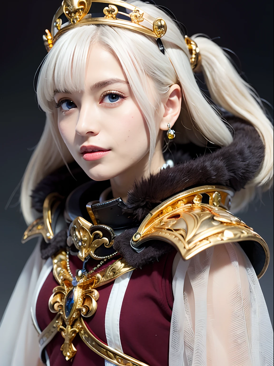 (masutepiece), Professional , masterpiece、top-quality、photos realistic , depth of fields (Gemstone Silver Metal Body:1.9),(Matte White、Jewel Gold Weapon(Jewel Metal Body:1.4),Gorgeous metal weapons , Detailed Sword of the Brave , Beautiful knife ,warhammer 40k , adepta sororitas,Detail and ornate jewel crown、Black hair、Gangle's forest background、Beautiful Caucasian beauty、1a person、dynamic ungle,(((Detailed and ornate diamond crown)))、Smaller head、A smile、Background inside the castle、Thin and beautiful female hands、cleavage of the breast、Soldier in iron armor on background、Soldier in iron armor on background、Mystical expression、