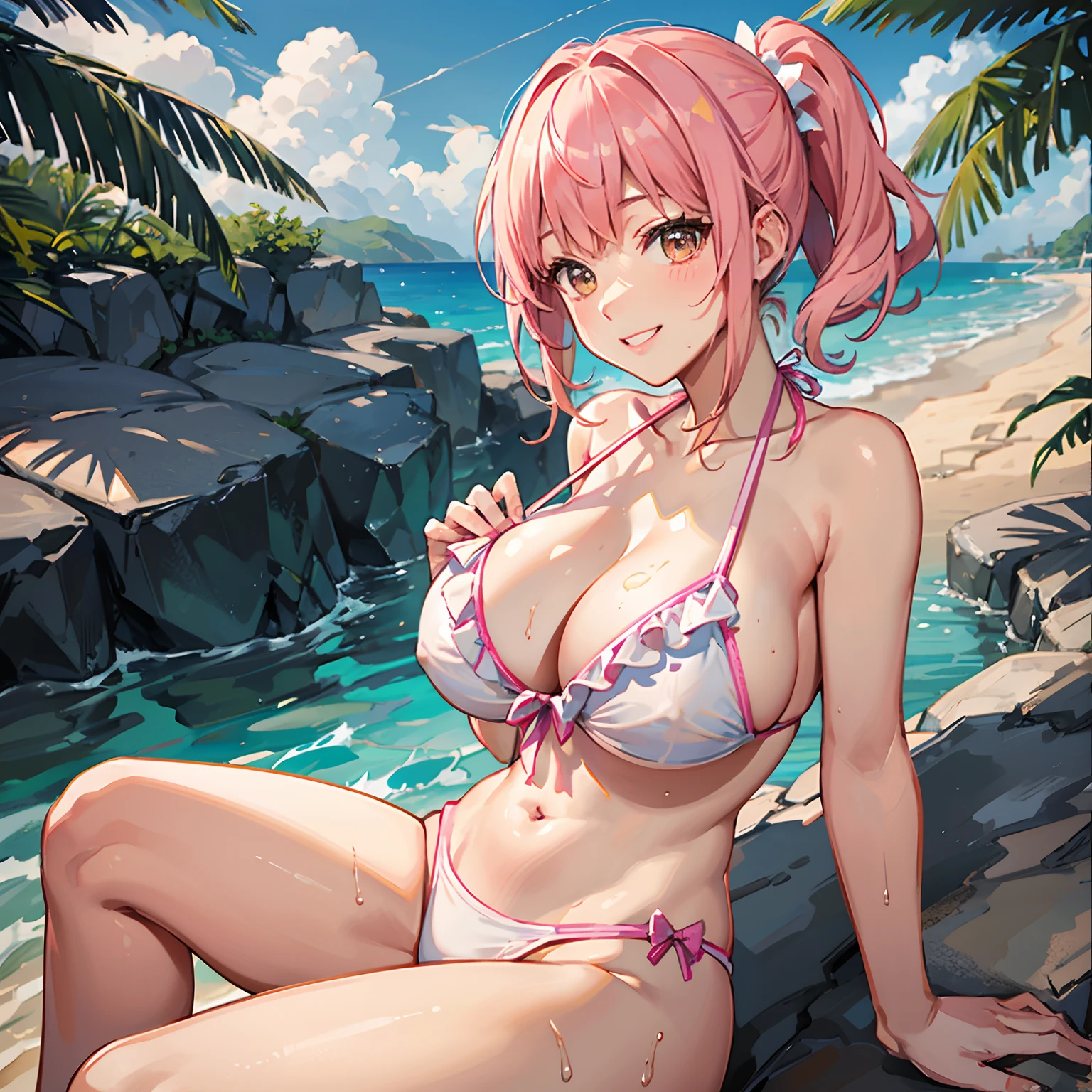 Slim ladies pink kawaii swimsuit with ruffles (Wet loading:1.0) Bangs middle school short Bob do smile 1 person beach，solo person，A pink-haired，Yellow eyes，pony tails，Big breasts and huge buttocks，picture-perfect face，a white bikini，Clean face，sitting in beach，Jirou legs
