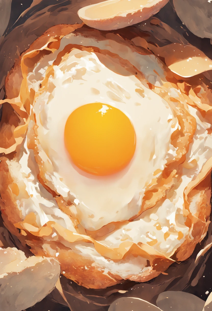 Fried Egg, White egg white, Yellow egg yolk, Sandwich layer pack,deep colour ,brownish colors, Background with contrasting colors, Bright colors, Dopamine color matching, absurderes, A high resolution, ultrasharp, 8K, Masterpiece, view the viewer,