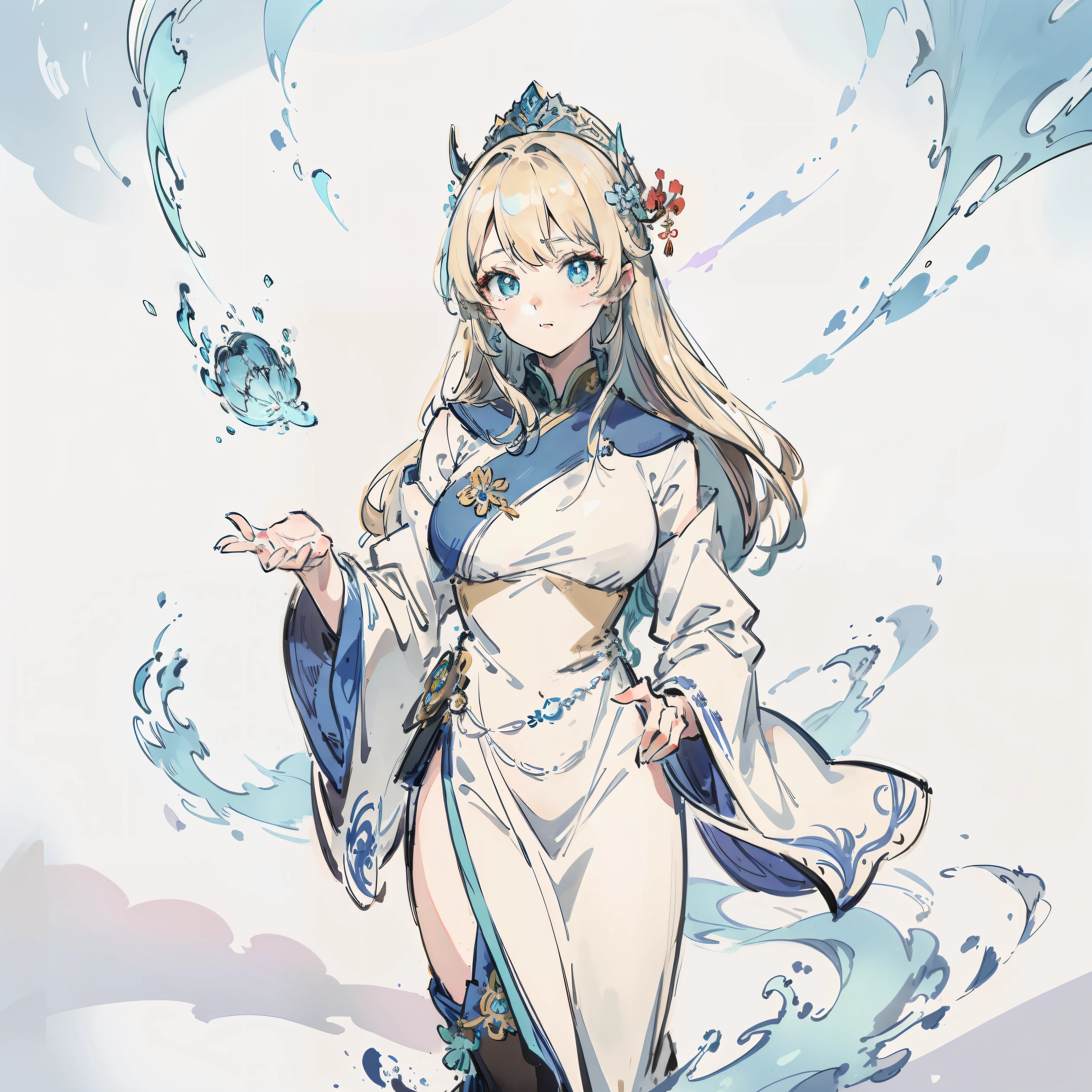 a woman in a white dress and a blue cape is standing, cushart krenz key art feminine, anime goddess, pixiv, pretty female cleric, digital art on pixiv, pixiv style, wlop rossdraws, alphonse mucha and rossdraws, guweiz, top rated on pixiv, rossdraws sakimimichan, ash blonde, green eyes