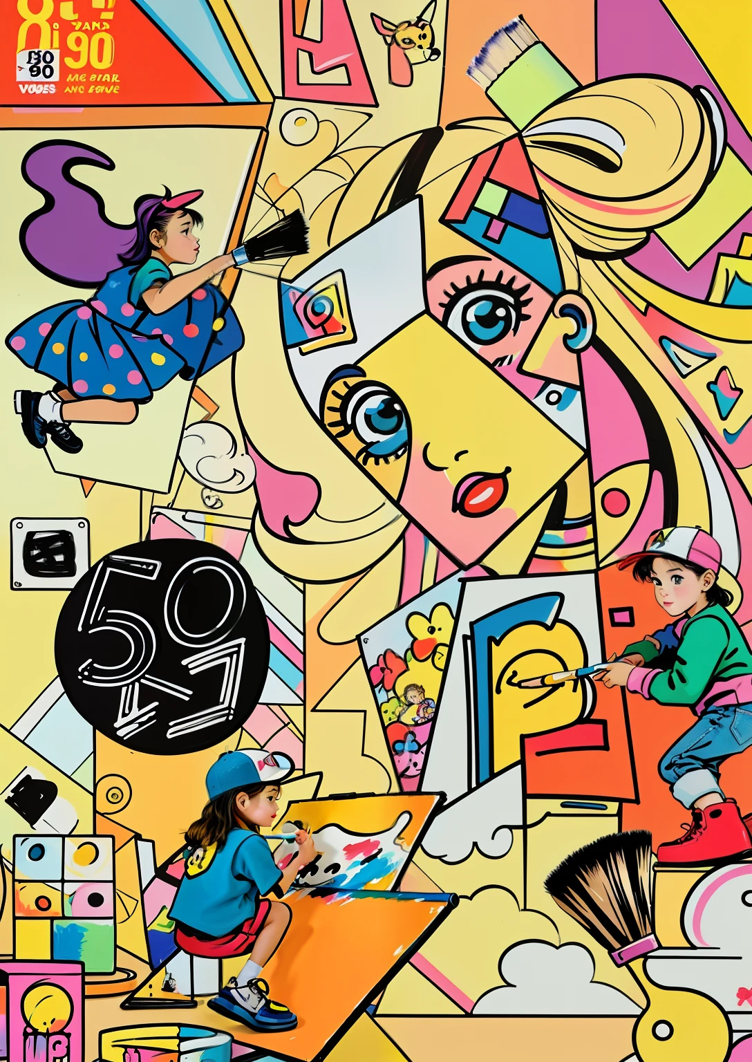 Cute little kid，Children，children's，paint brushes，painting of a, Brush modern art from the 90s, Beautiful，adolable，90s mtv illustration, Artistic cover, 90s mtv illustration, hand painted cartoon art style, Package cover, Digital art. colorful comic, artwork of a, editorial illustration colorful, golden proportion illustration