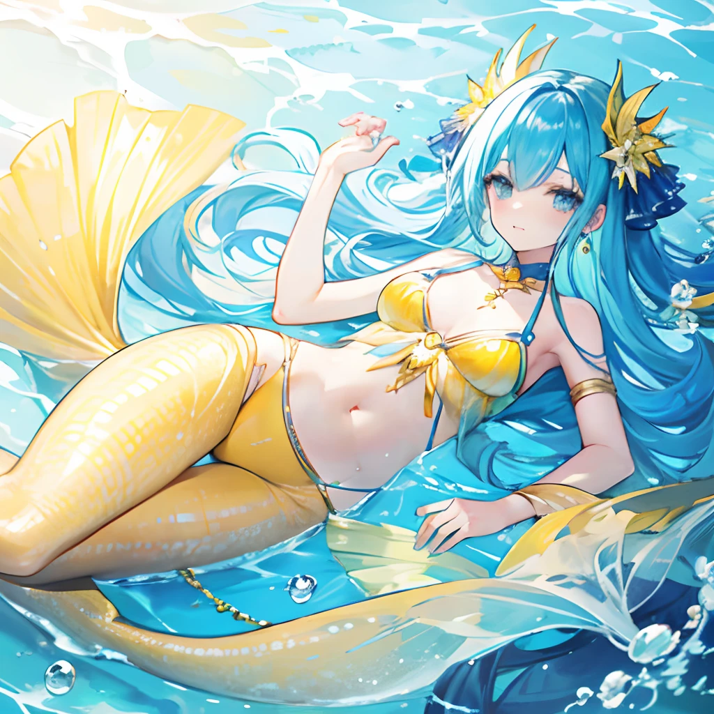 Yellow-blue hair,The yellow and blue clothes are embellished with silver jewelry,It's a cute mermaid beautiful girl