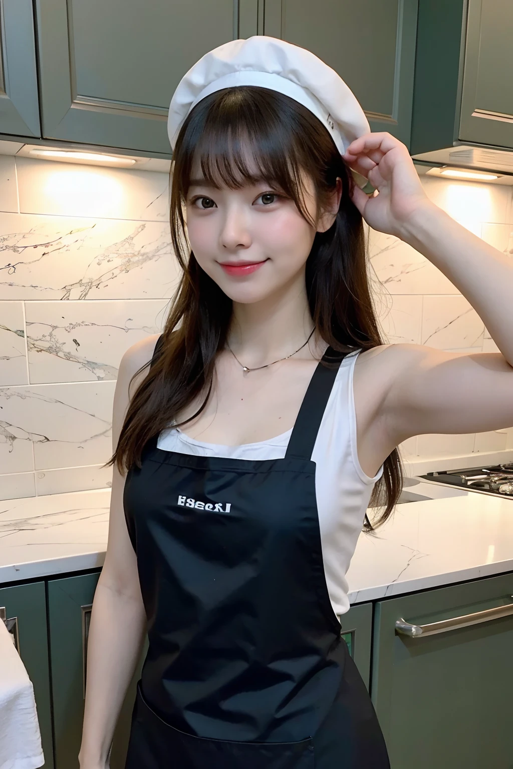 A woman cooking、(kitchin_aprons:1.Wear 3)、nice hand、4K、A high resolution、tmasterpiece、top-quality、wear cap:1.3、((hasselblad photograph))、Fine skin、foco nítido、(lighting like a movie)、Soft lighting、dynamic ungle、[:(详细的脸:1.2):0.2]、Medium chest、Sweat runs down the skin:1.2、(((In the kitchen))) Cute smile　Colossal tits　tying  hair　Sleeveless　Extend your upper arm　Shoulders sticking out　cleanness　big kitchen　Beautiful kitchen　Wine glasses　Expose the ears black silk