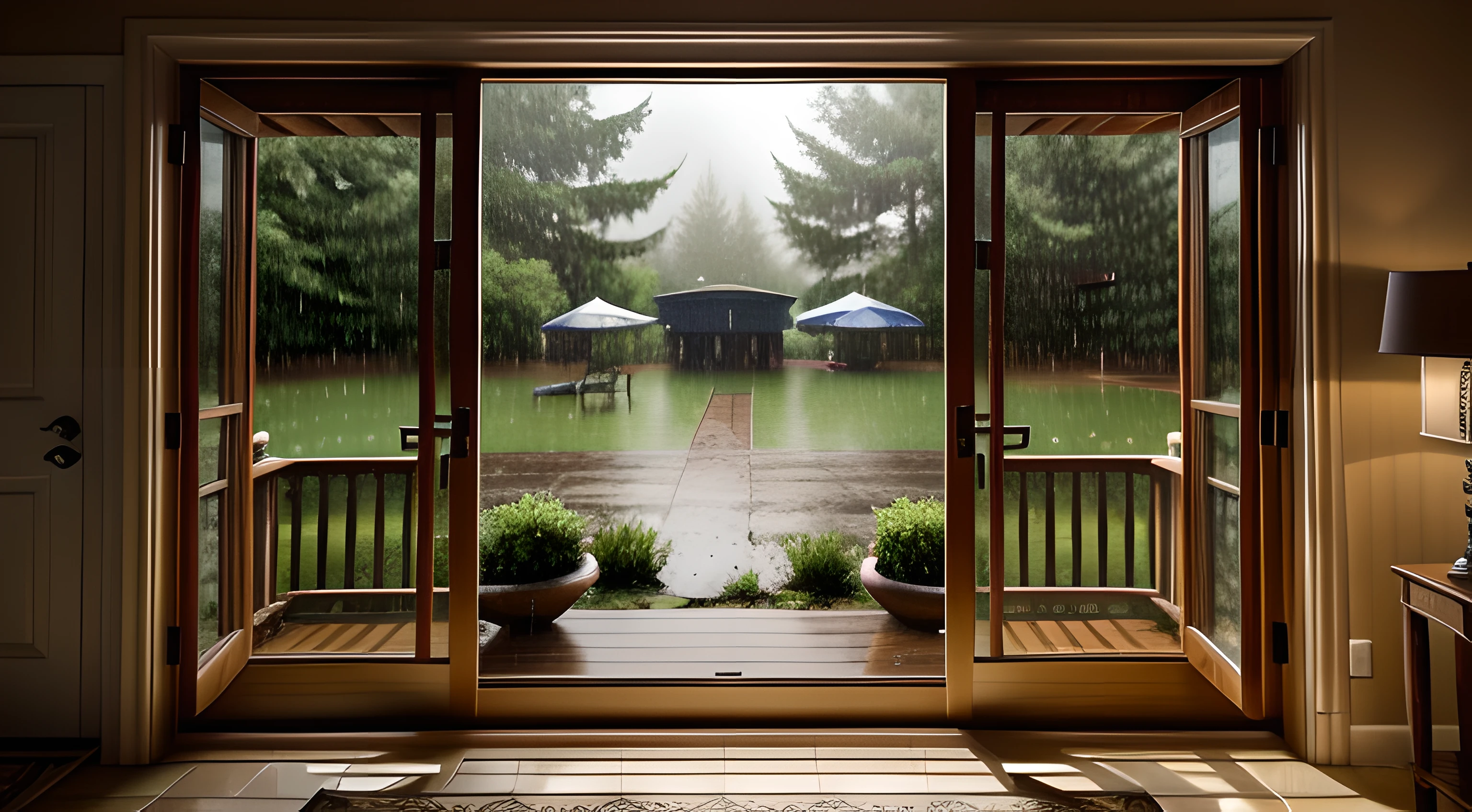 "Generate an ultra-high definition image capturing the ambiance of a dimly lit and cozy interior as seen from inside a house. Utilize low light photography techniques to maintain detail and clarity while preserving the warm, intimate atmosphere.

Implement a balanced exposure to ensure that both the interior and exterior are visible, even with the dim lighting. Utilize a wide aperture to achieve a shallow depth of field, focusing on interior elements while allowing the rain-splattered window and outside scene to blur softly.

Position the camera to capture the inviting interior space while also framing the rain-soaked window within the composition. Use compositional techniques like framing or leading lines to draw the viewer's attention towards the window and the rainy scene beyond.

Enhance the contrast between the warm interior and the cool rain outside, emphasizing the coziness of the setting. Employ post-processing techniques to subtly enhance details, making sure that even in the dim light, textures and elements remain visible.

Capture the subtle interplay of light and shadows, emphasizing the soft glow of interior lighting against the backdrop of the rain. Utilize the window as a natural frame, inviting viewers to immerse themselves in the scene's atmosphere.

Ultimately, convey the tranquility and comfort of being indoors during a rainy day, with the image offering a visual escape into the serene ambiance of a cozy haven."