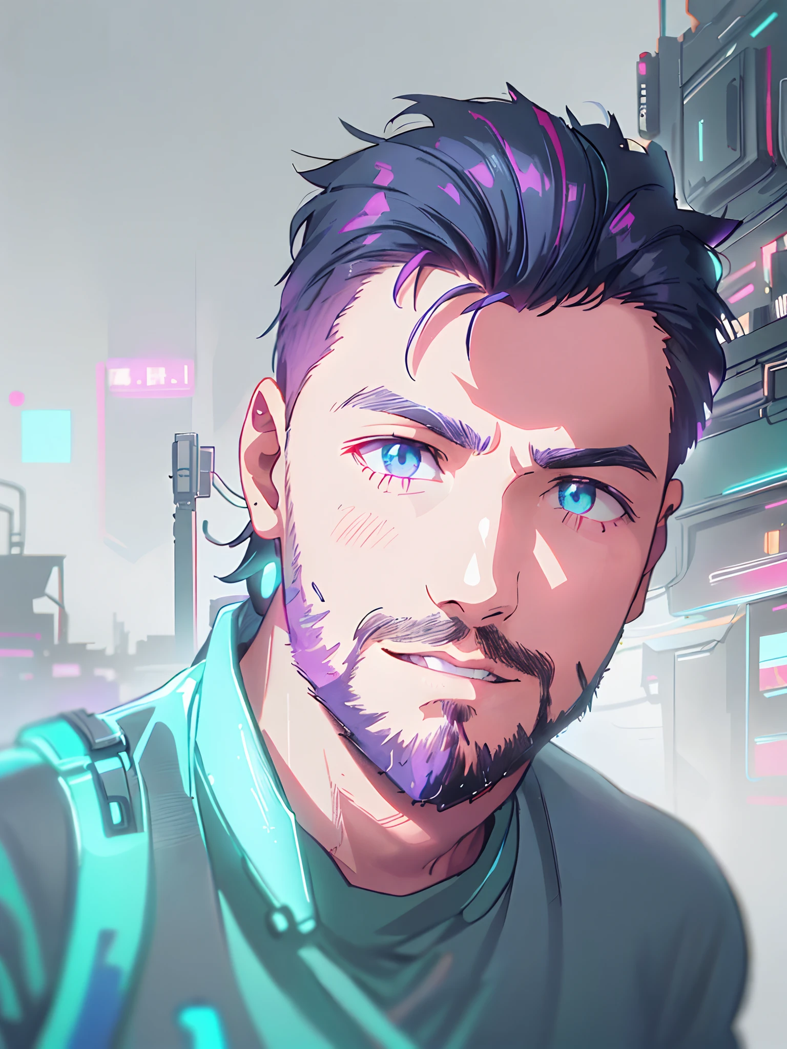 there is a man with a beard and a blue shirt,,(Masterpiece), (best detail), (Best quality),castle, manor((2d anime)), ,colorful, cyberpunk, neon, beautiful lights, purple reflections, cyberpunk, neon, neon lights, night, moon,Young and good-looking,happy,(cyberpunk dressing)((background is cyberpunk city)))(technological elements)