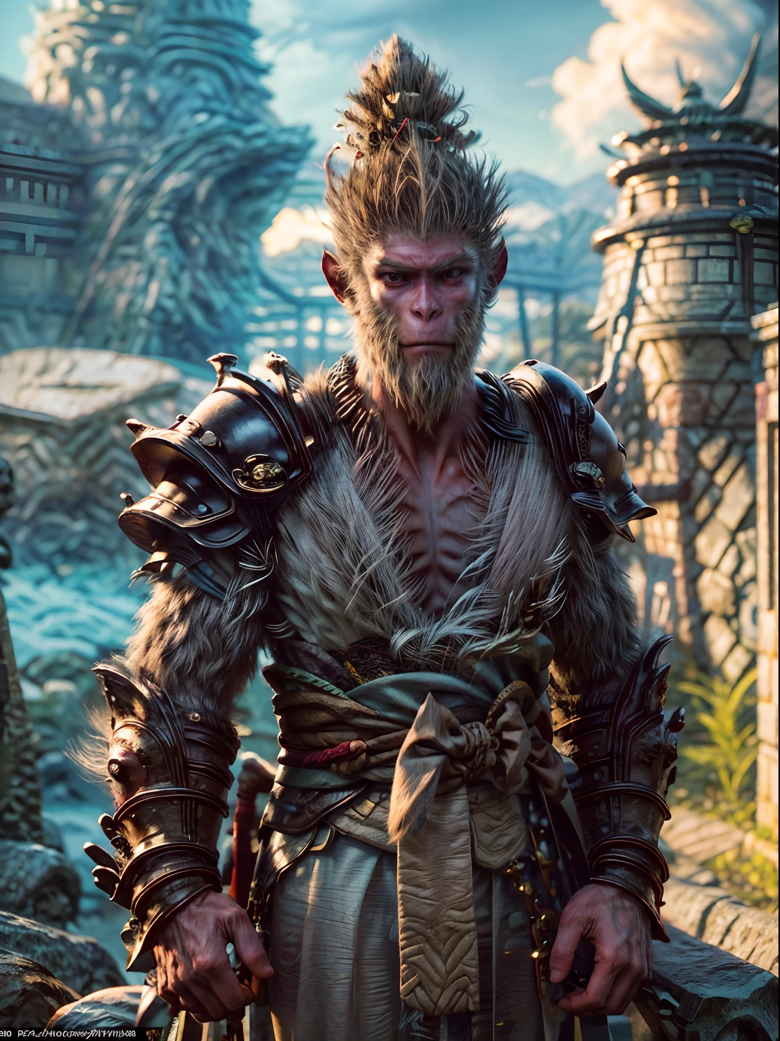 (Masterpiece, A sacred portrayal of the Monkey King:1.4), wukong,(Charming illustration of monkey god in his iconic appearance:1.2), (Meticulous details capture his palatial presence:1.2), (Created to commemorate mythical figures in Chinese folklore:1.2), (The Monkey King wears a golden crown, Symbolizes his pious status:1.3), (His hairy muscles exude strength and majesty:1.3), (Dressed in bright red and gold robes, Pay tribute to his legendary journey:1.1), (Holding a long staff, Firmly rooted in the ground, The embodiment of his power:1.3), (Perched atop a magnificent Chinese temple, Prove his divinity:1.1), (Intricate temple architecture,Vivid red and gold tones:1.1), (The vibrant blue sky contrasts:1.1), (The wind rustled his fur and robe, Add dynamic motion to your scene:1.1), (His eyes radiate wisdom and confidence:1.1), (The gold headdress sparkles in the sun, A symbol of his celestial origins:1.1), (Capture the otherworldly aura and depiction of existence of the gods:1.1), (The color scheme enhances the cultural richness of the scene:1.1), (A depiction that pays homage to the legendary status and significance of God:1.1), (One invites viewers to marvel at the image of the majestic avatar of the Monkey King:1.1)), Cinematic, Hyper-detailed, insanely details, beautifully color-graded, illusory engine, degrees of freedom, Hyper-Resolution, megapixel, Cinematic lightning, Anti-aliasing, FKAA, TXAA, RTX, SSAO, post-proces, postproduction, Tone-mapping, .CGI, vfx, SFX, insanely detailed and intricate, hyper-maximalist, Ultra photo realsisim, volumetr, Photorealistic, The ultra-realistice, Ultra-detailed, Intricate details, Super detailed, Full color, Volumetric lightning, hdr, Realistic, illusory engine, 16k, Sharp focus, rendering by octane