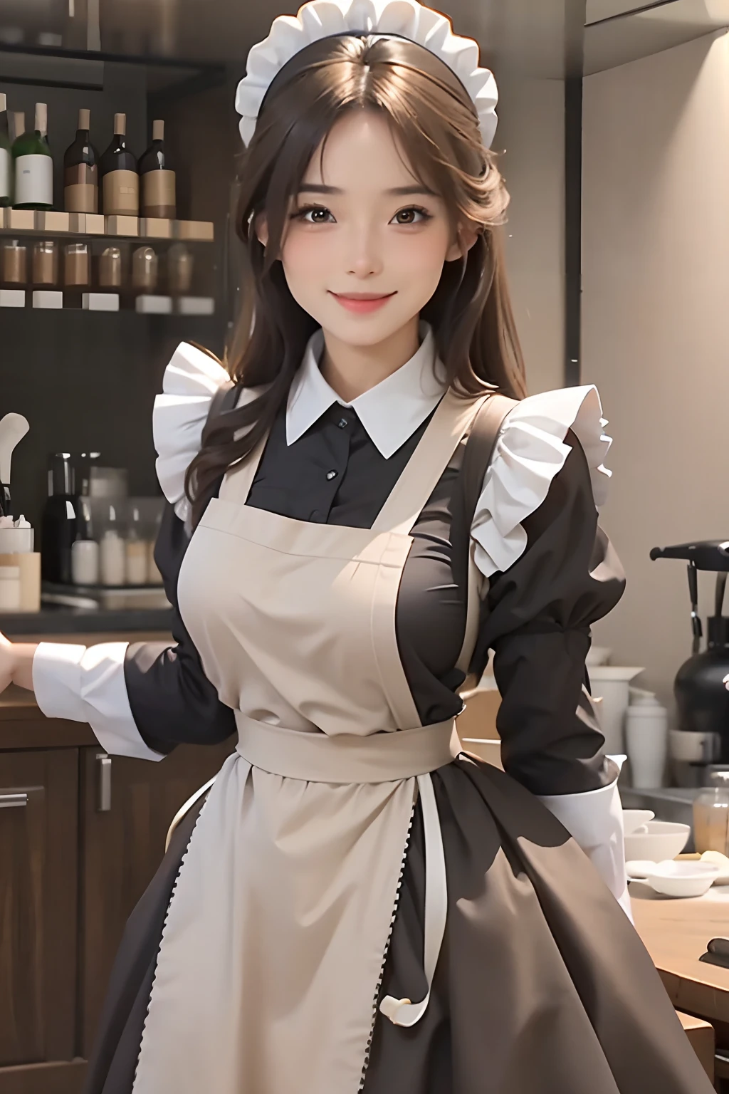 1girl, cafe maid, brunette, brown eyes, beautiful, maid outfit, smiling, realistic photography, ultra detail