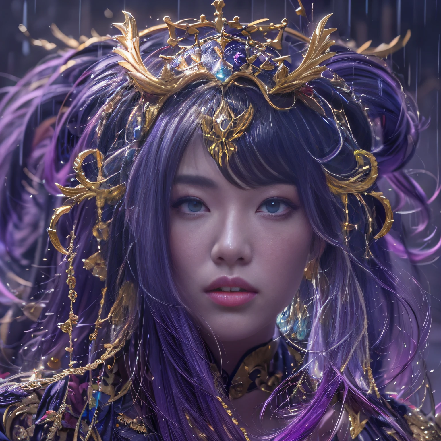 32K(tmasterpiece,k hd,hyper HD,32K)Long flowing bright purple hair,Autumn Pond,zydink, a color, Asian people (Silly girl), (Silk scarf), Combat posture, looking at the ground, long whitr hair, Floating bright purple, Python pattern gold headdress, Chinese long-sleeved clothing, (abstract ink splash:1.2), white backgrounid,Lotus protector(realisticlying:1.4),Bright purple hair,In the rain,The background is pure, A high resolution, the detail, RAW photogr, Sharp Re, Nikon D850 Film Stock Photo by Jefferies Lee 4 Kodak Portra 400 Camera F1.6 shots, Rich colors, ultra-realistic vivid textures, Dramatic lighting, Unreal Engine Art Station Trend, cinestir 800,Long flowing bright purple hair