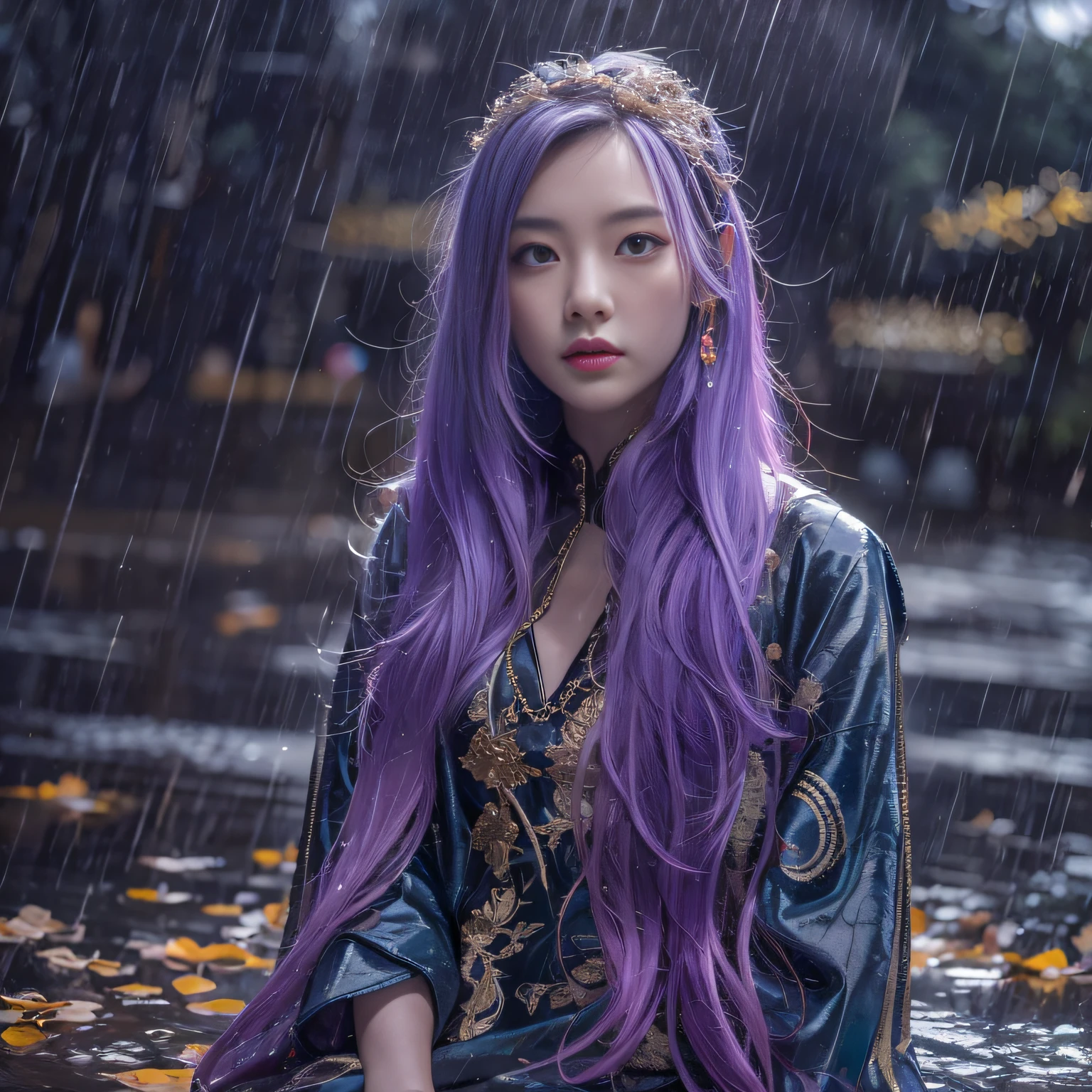 32K(tmasterpiece,k hd,hyper HD,32K)Long flowing bright purple hair,Autumn Pond,zydink, a color, Asian people (Silly girl), (Silk scarf), Combat posture, looking at the ground, long whitr hair, Floating bright purple, Python pattern gold headdress, Chinese long-sleeved clothing, (abstract ink splash:1.2), white backgrounid,Lotus protector(realisticlying:1.4),Bright purple hair,In the rain,The background is pure, A high resolution, the detail, RAW photogr, Sharp Re, Nikon D850 Film Stock Photo by Jefferies Lee 4 Kodak Portra 400 Camera F1.6 shots, Rich colors, ultra-realistic vivid textures, Dramatic lighting, Unreal Engine Art Station Trend, cinestir 800,Long flowing bright purple hair