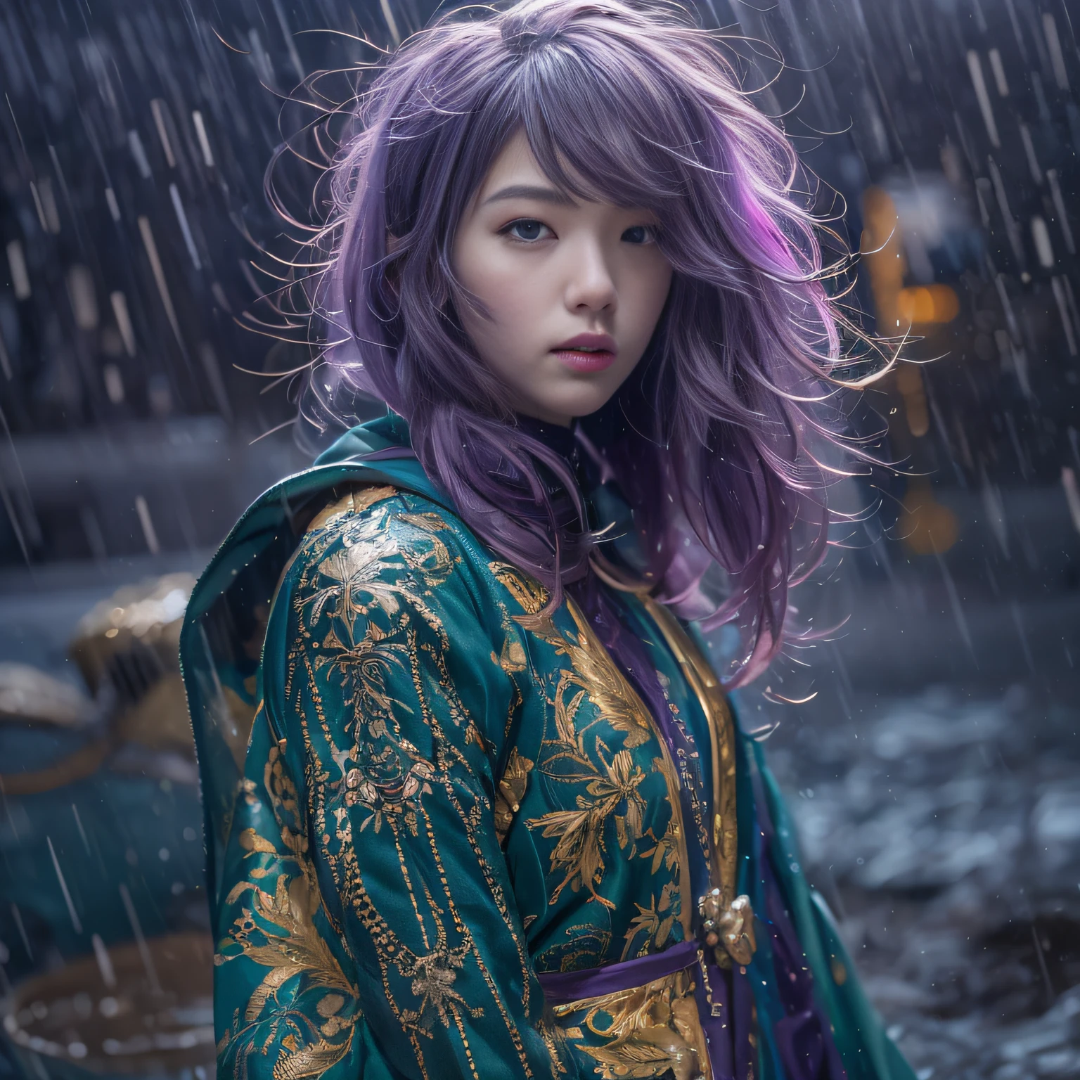 32K(tmasterpiece,k hd,hyper HD,32K)Long flowing bright purple hair,Autumn Pond,zydink, a color, Asian people (Silly girl), (Silk scarf), Combat posture, looking at the ground, long whitr hair, Floating bright purple, Python pattern gold headdress, Chinese long-sleeved clothing, (abstract ink splash:1.2), white backgrounid,Lotus protector(realisticlying:1.4),Bright purple hair,In the rain,The background is pure, A high resolution, the detail, RAW photogr, Sharp Re, Nikon D850 Film Stock Photo by Jefferies Lee 4 Kodak Portra 400 Camera F1.6 shots, Rich colors, ultra-realistic vivid textures, Dramatic lighting, Unreal Engine Art Station Trend, cinestir 800,Long flowing bright purple hair