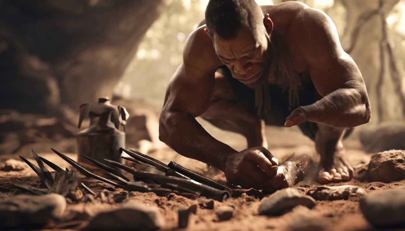 Realistic image of Homo erectus and his son crafting an obsidian blade masterpiece, capturing their intricate movements and expressions.