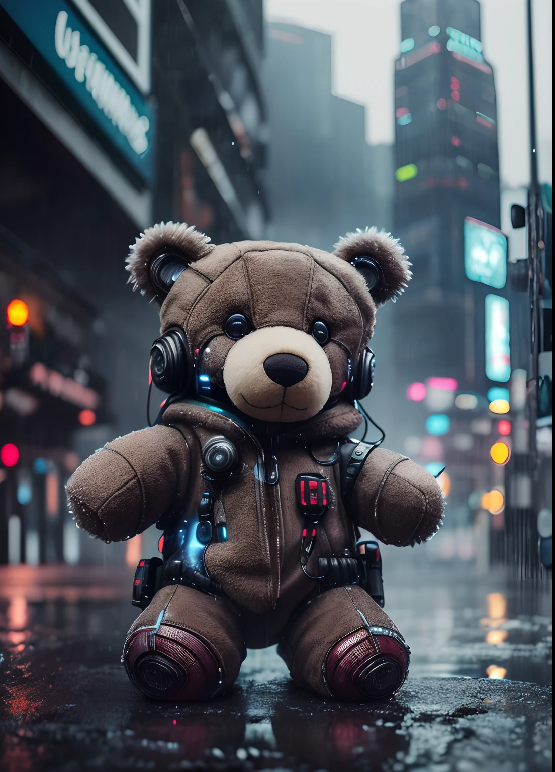 plush teddy, wet, (cyberpunk:1.1), rain, epic realistic, rutkowski, hdr, intricate details, hyperdetailed, cinematic, rim light, muted colors
