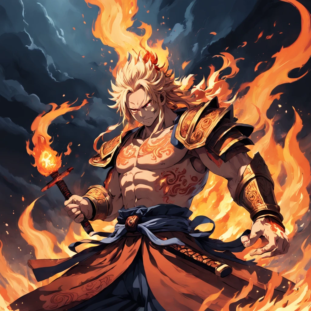 I want to draw Fudo Myōō, the Ming King of Buddhism, with a touch like an old samurai。Dressed in flames and flames covered mainly with human parts。I have a sword in my hand。Continuation of the previous、From a different angle