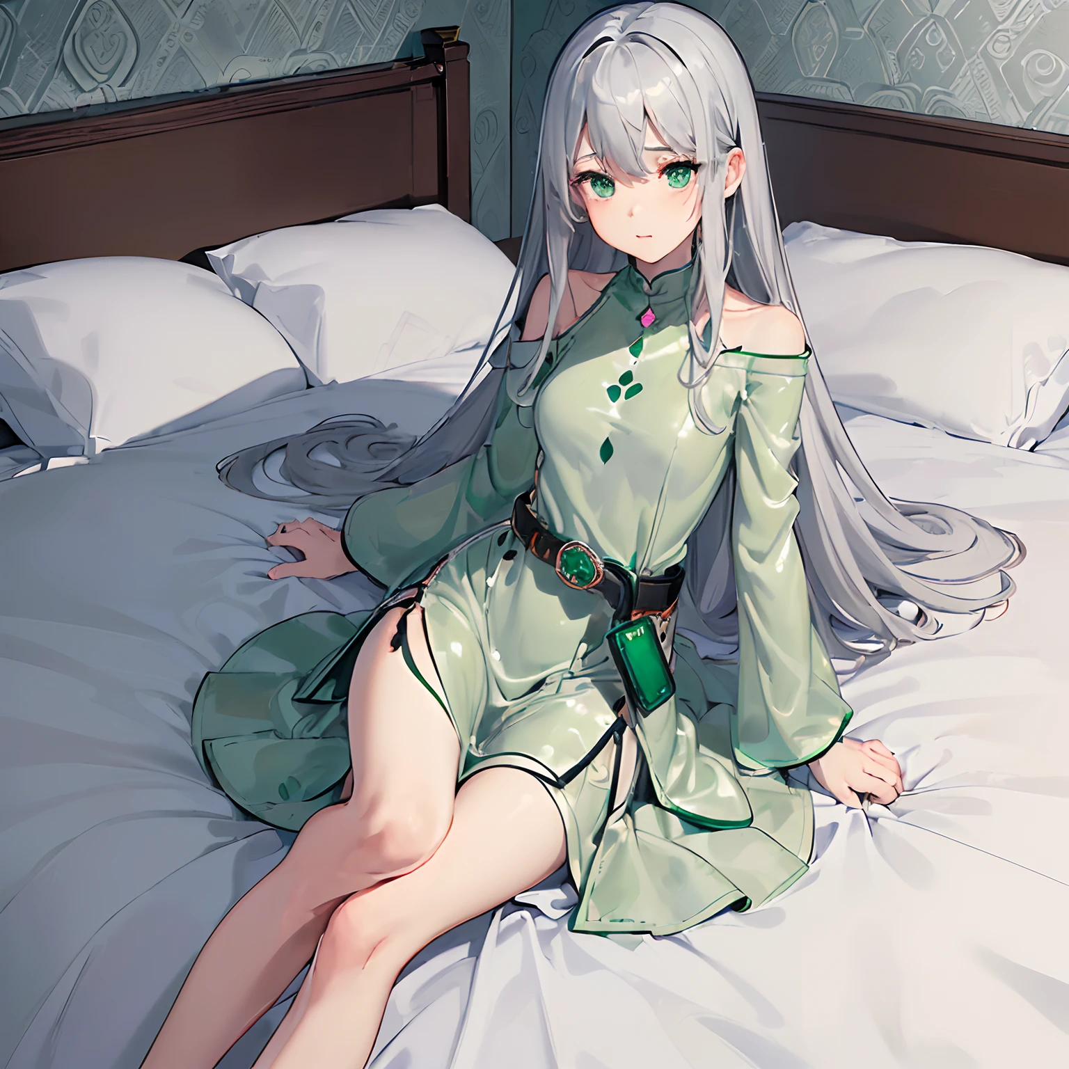 ​masterpiece、top-quality、High-quality images、8K、　　((Background with、Precise perspective、line-drawing、Contour extraction、Monochrome grayscale、Moderate shading、Medium omission:1.4))　((Ana's Bedroom、a bed、typical:1.3))　announcer((unclear、Know、Semi-long silver hair、Emerald green eyes、Slimed、Well-balanced proportions、Knee-length dress、Thin belt、on the beds:1.5))、、、announcer、Leo wrote a little about Ana and saw、Leo also、Come、