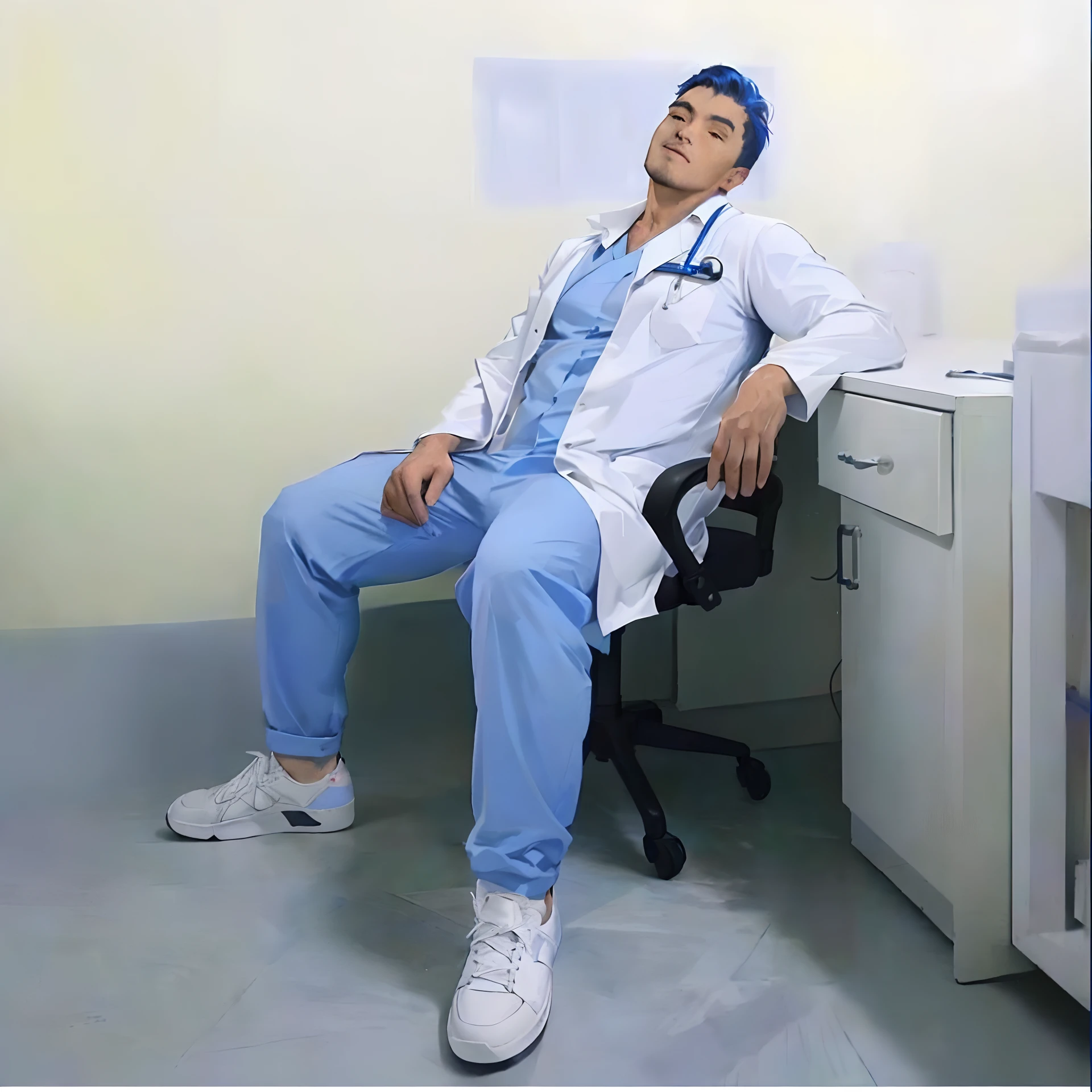 a male in a white tight fitting transparent lab coat sitting on a chair, handsome face with detailed facial features, mega muscles, stocky chubby masculine body, his left elbow is resting on table, high right hand is resting on his right thigh, thick body, bold, big biceps, correct and accurate anatomy of male body and correct number of fingers, there is a stethoscope hanging on this neck, wearing white sneaker ALLSTAR CONVERSE brand shoes, in a chill position, doctor, resting after a hard fight, medical doctor, relaxed pose, at the hospital in light blue colored scrub-suit with white duty lab coat, (doctor), resting, hospital environment, depth of field, sharpness, shadow, hightlight, fine quality detailed illustration art, professional shoot, flawless whtie skin