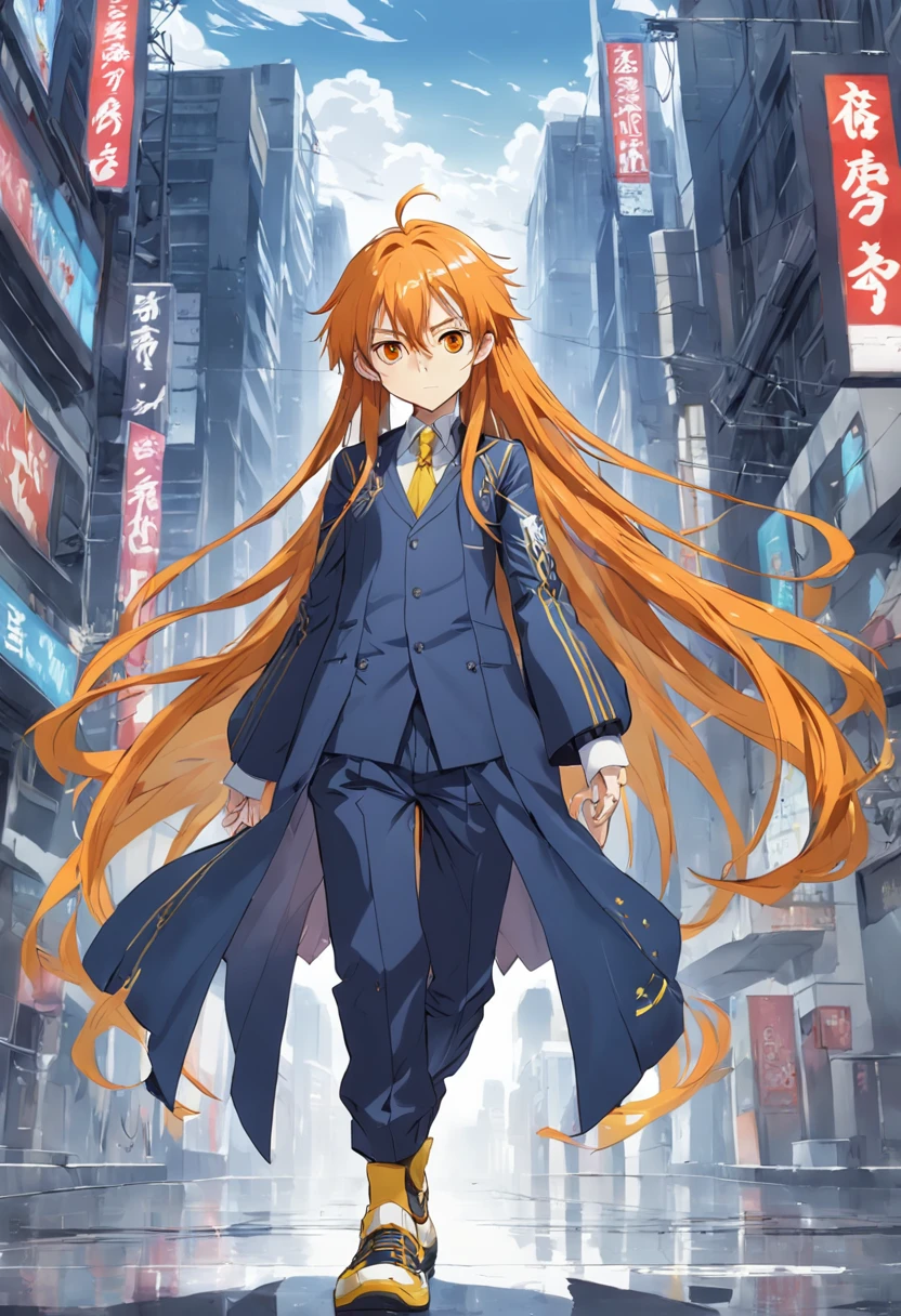 (em estilo model sheet e yusuke murata) crie um personagem com roupas no drip, Magical style using sword art, (he is a man, has long orange red hair halfway down the coast, an "X"-shaped mark on his yellow eye and an athletic stature, its height is 1,90m. He wears clothes in the "drip" style, wearing a slim stylish pair of pants, White long sleeve dress shirt with buttons, dark blue social shoe almost black and a blue overcoat with yellow bands on the arms .), ( ela tem 16 anos), (expression of superiority). ( homem alto), (long hair to shore).